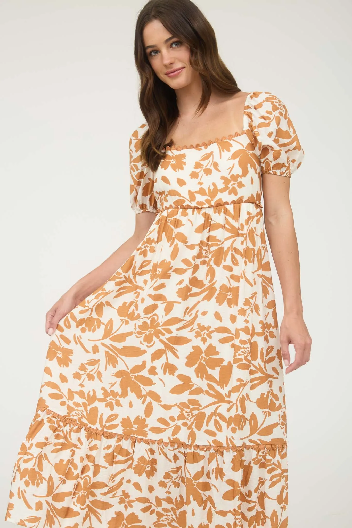 FLORAL SCALLOP TRIM PUFF SLEEVE MIDI DRESS sold by Blu Pepper