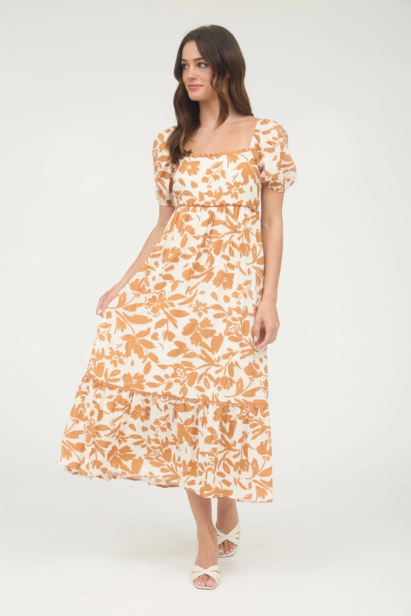 FLORAL SCALLOP TRIM PUFF SLEEVE MIDI DRESS sold by Blu Pepper product image thumbnail 5
