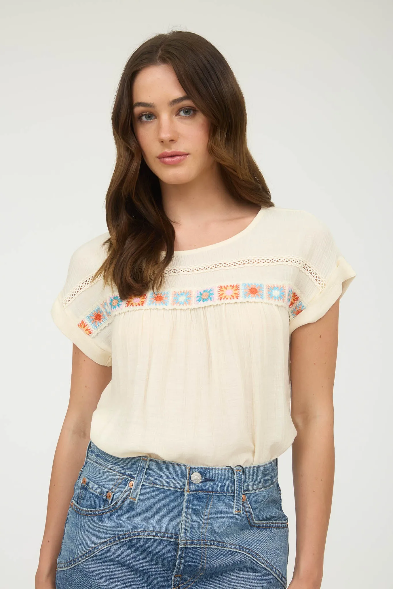 CROCHET FLORAL DETAIL LACE TRIM SHORT SLEEVE TOP sold by Blu Pepper product image thumbnail 4