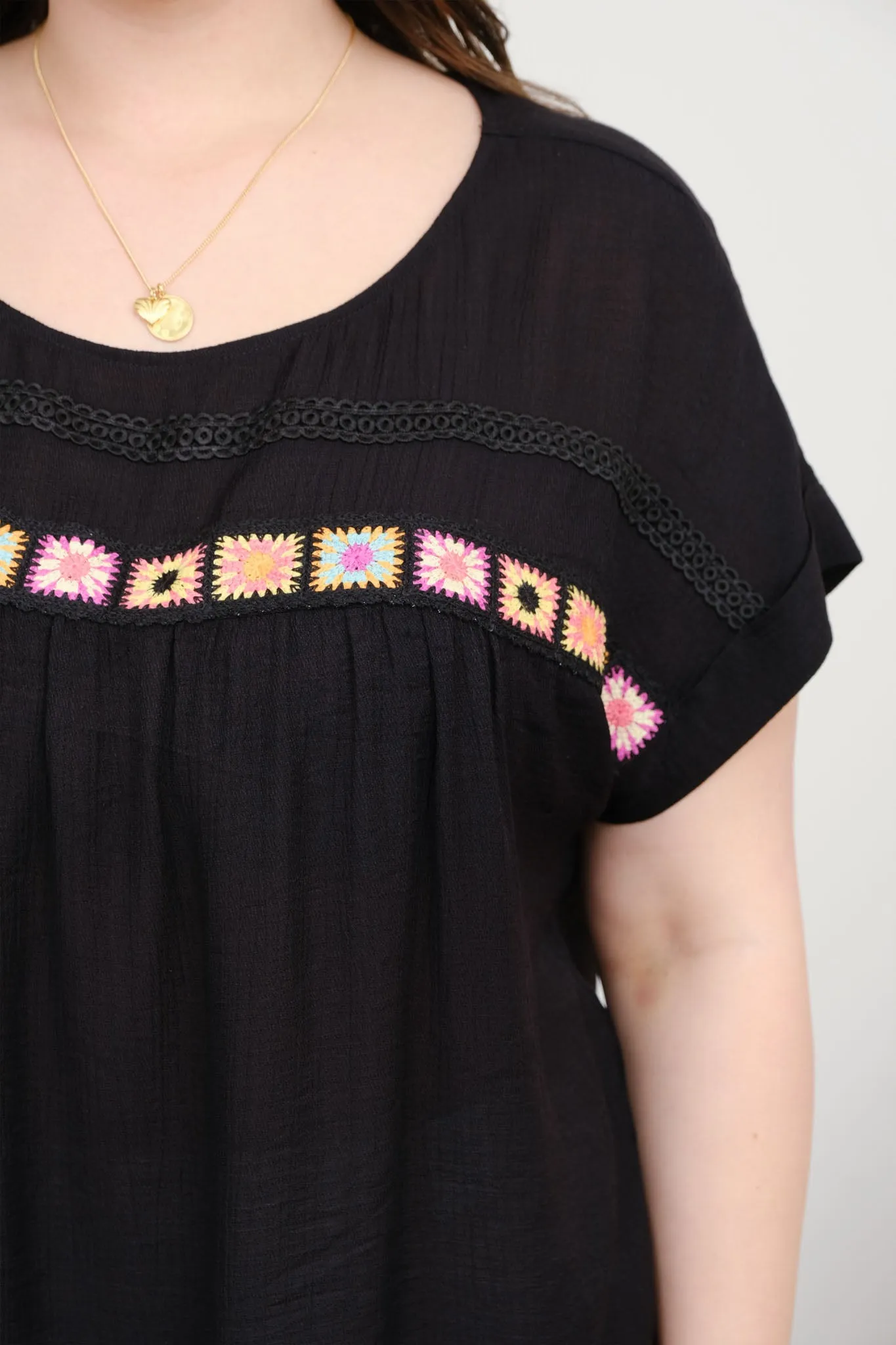 PLUS CROCHET FLORAL DETAIL SHORT SLEEVE TOP sold by Blu Pepper product image thumbnail 4