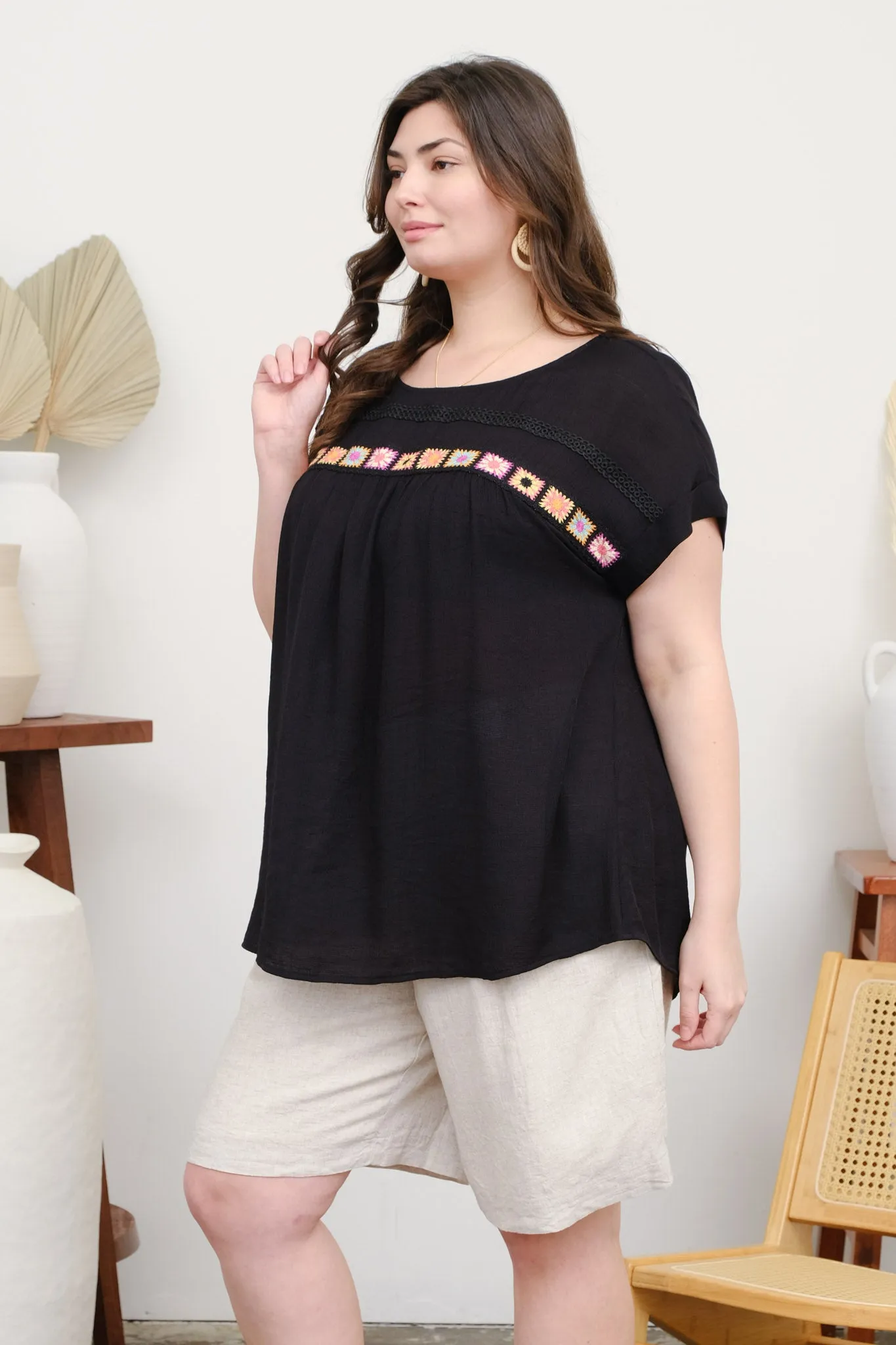 PLUS CROCHET FLORAL DETAIL SHORT SLEEVE TOP sold by Blu Pepper product image thumbnail 3