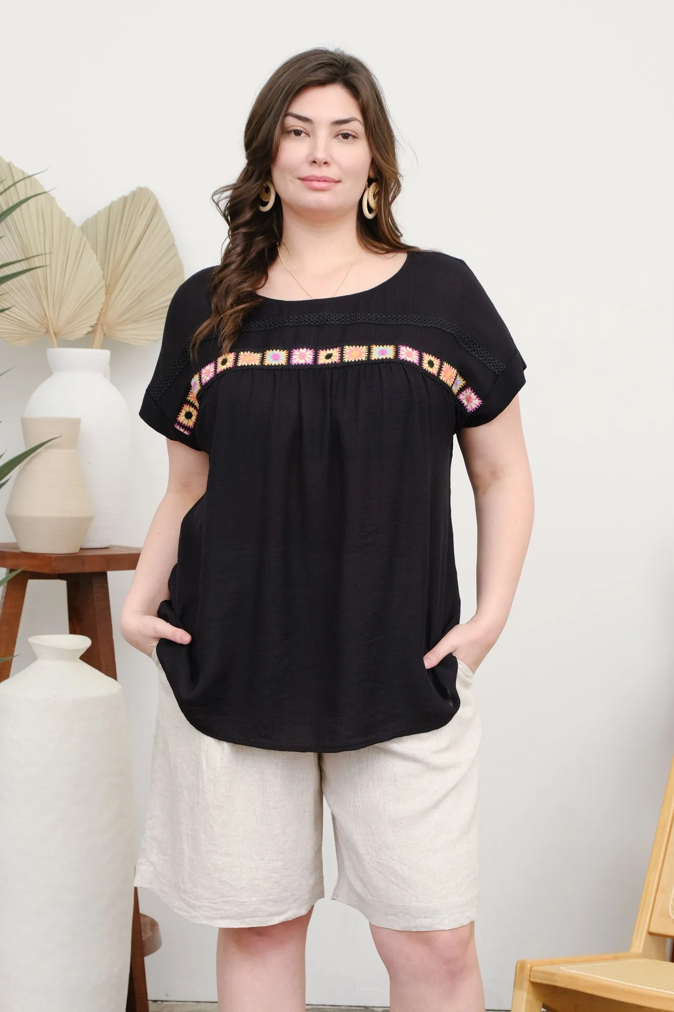 PLUS CROCHET FLORAL DETAIL SHORT SLEEVE TOP sold by Blu Pepper product image thumbnail 5