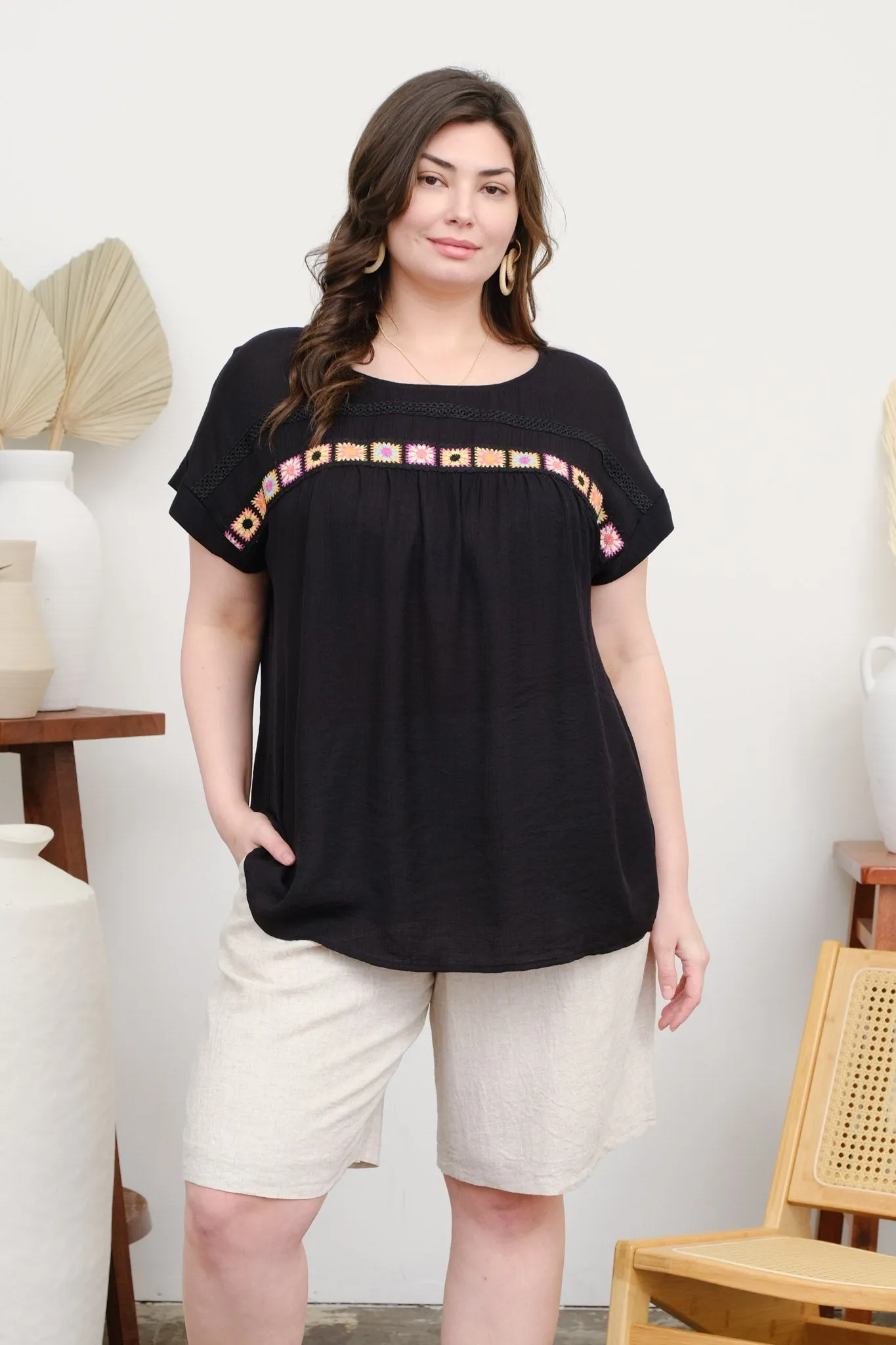 PLUS CROCHET FLORAL DETAIL SHORT SLEEVE TOP sold by Blu Pepper