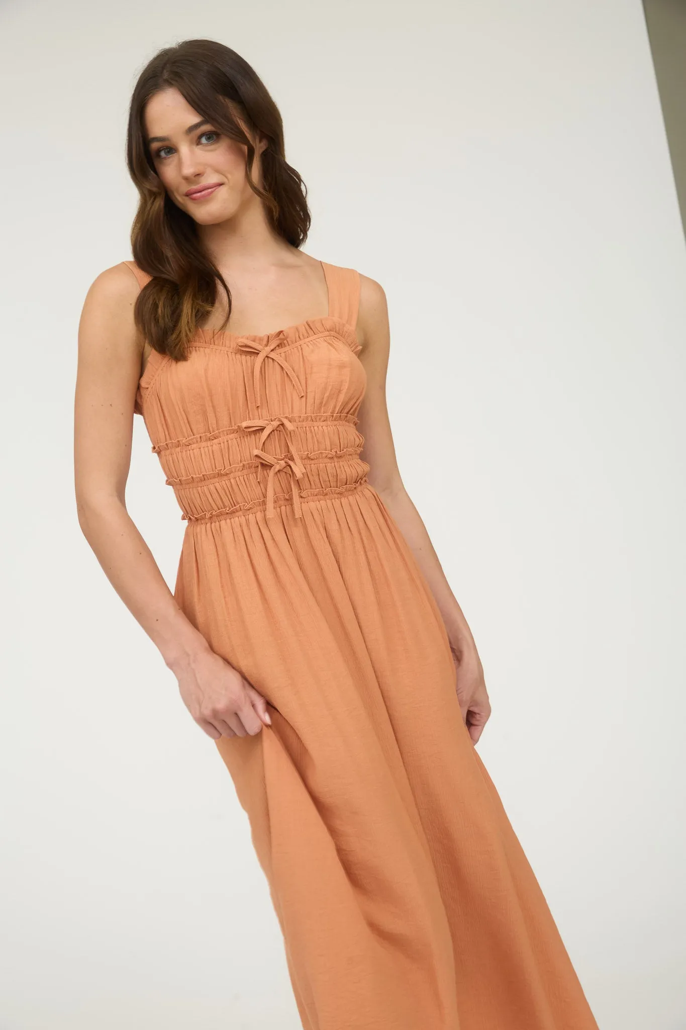 SHIRRED FRONT TIE DETAIL SLEEVELESS MIDI DRESS sold by Blu Pepper product image thumbnail 4