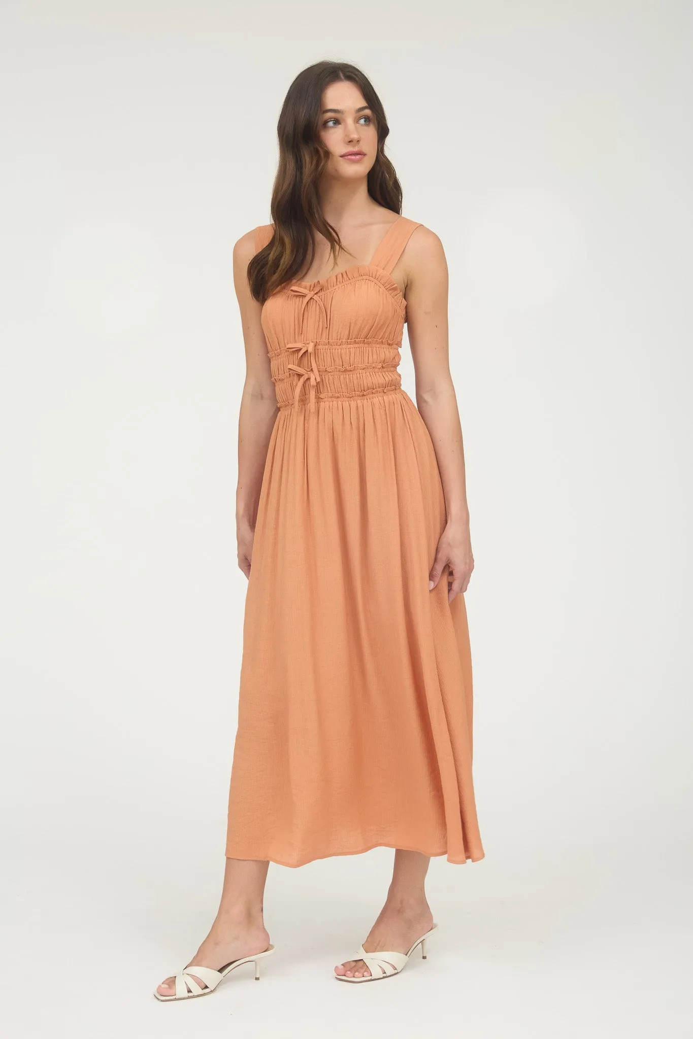 SHIRRED FRONT TIE DETAIL SLEEVELESS MIDI DRESS sold by Blu Pepper product image thumbnail 3