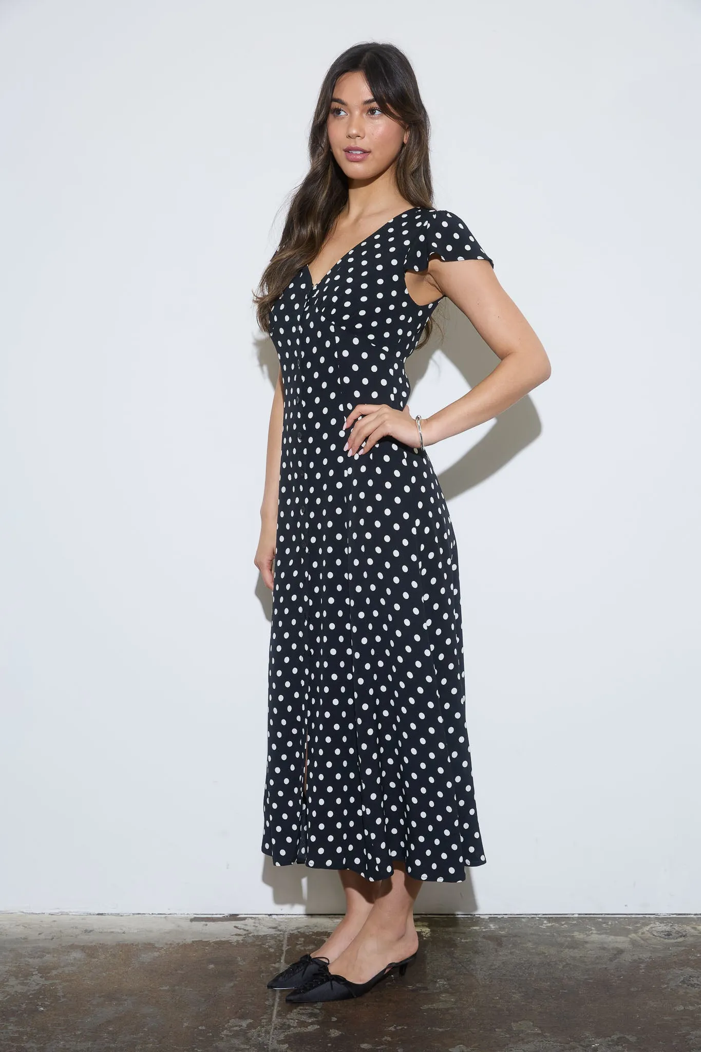 POLKA DOT BUTTON DOWN SHORT SLEEVE MIDI DRESS sold by Blu Pepper product image thumbnail 3