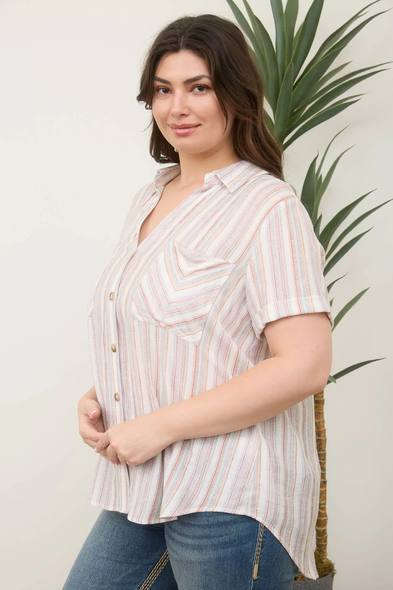PLUS MULTICOLOR STRIPE SHORT SLEEVE BUTTON DOWN sold by Blu Pepper product image thumbnail 3