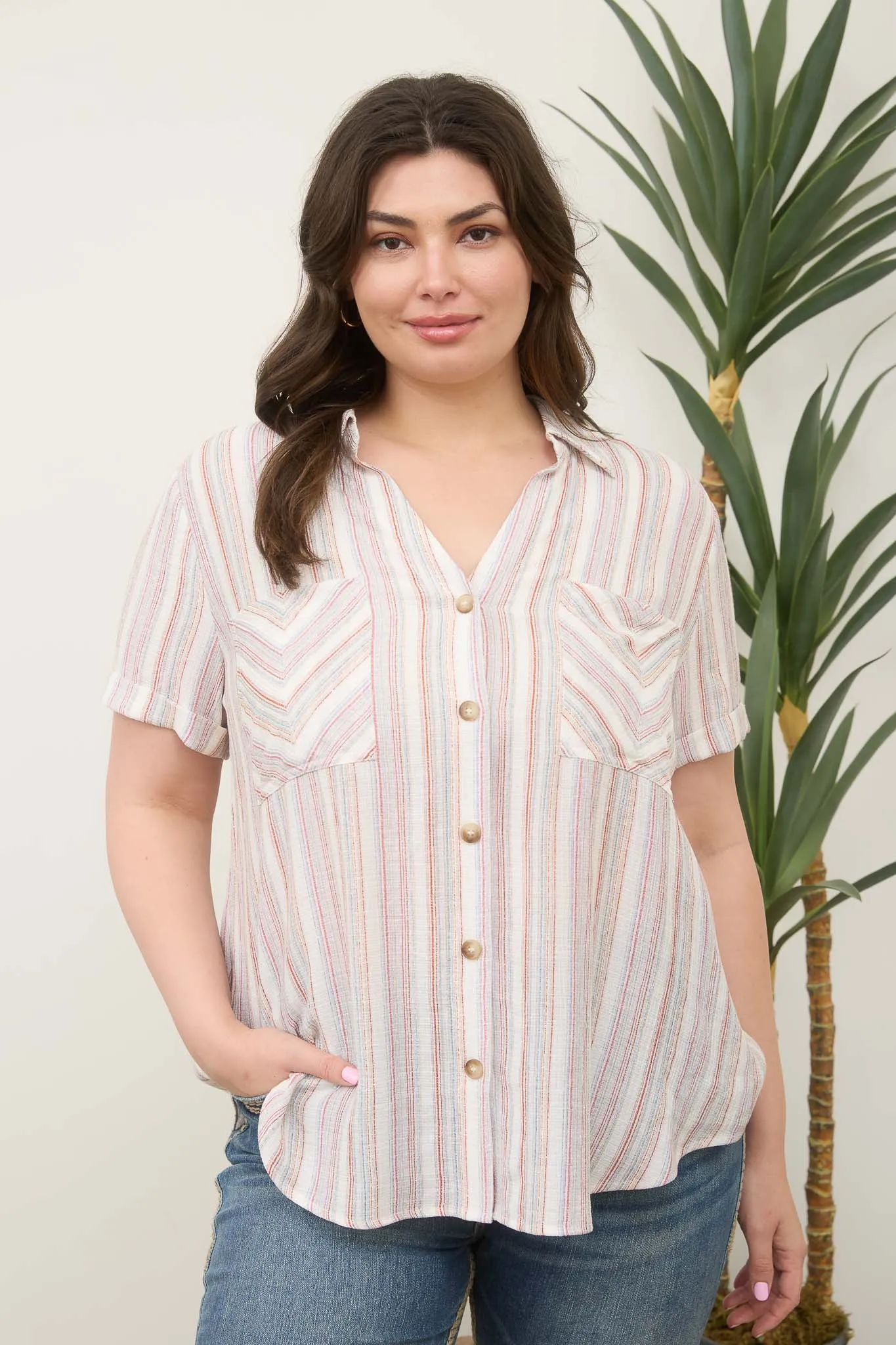 PLUS MULTICOLOR STRIPE SHORT SLEEVE BUTTON DOWN sold by Blu Pepper