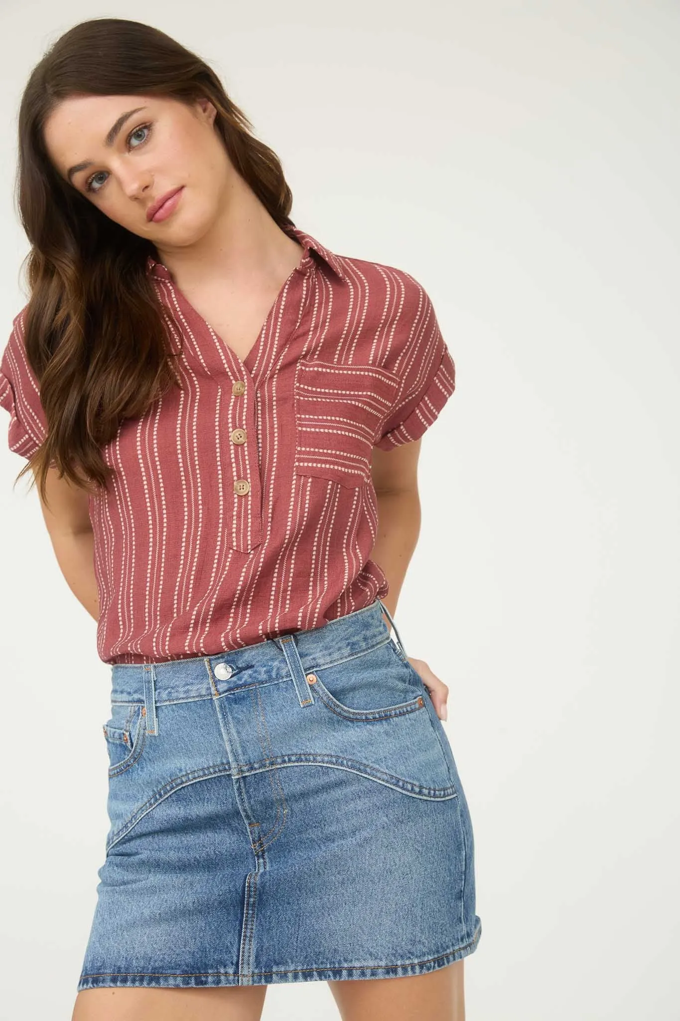 STRIPE HALF BUTTON COLLARED SHORT SLEEVE SHIRT sold by Blu Pepper product image thumbnail 5