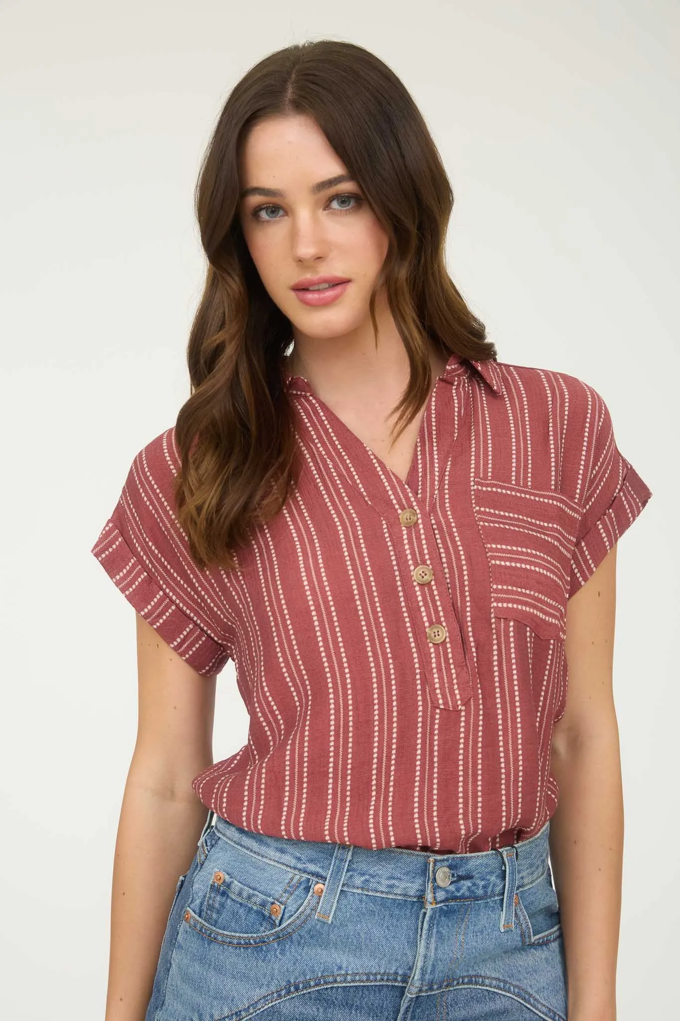 STRIPE HALF BUTTON COLLARED SHORT SLEEVE SHIRT sold by Blu Pepper product image thumbnail 4