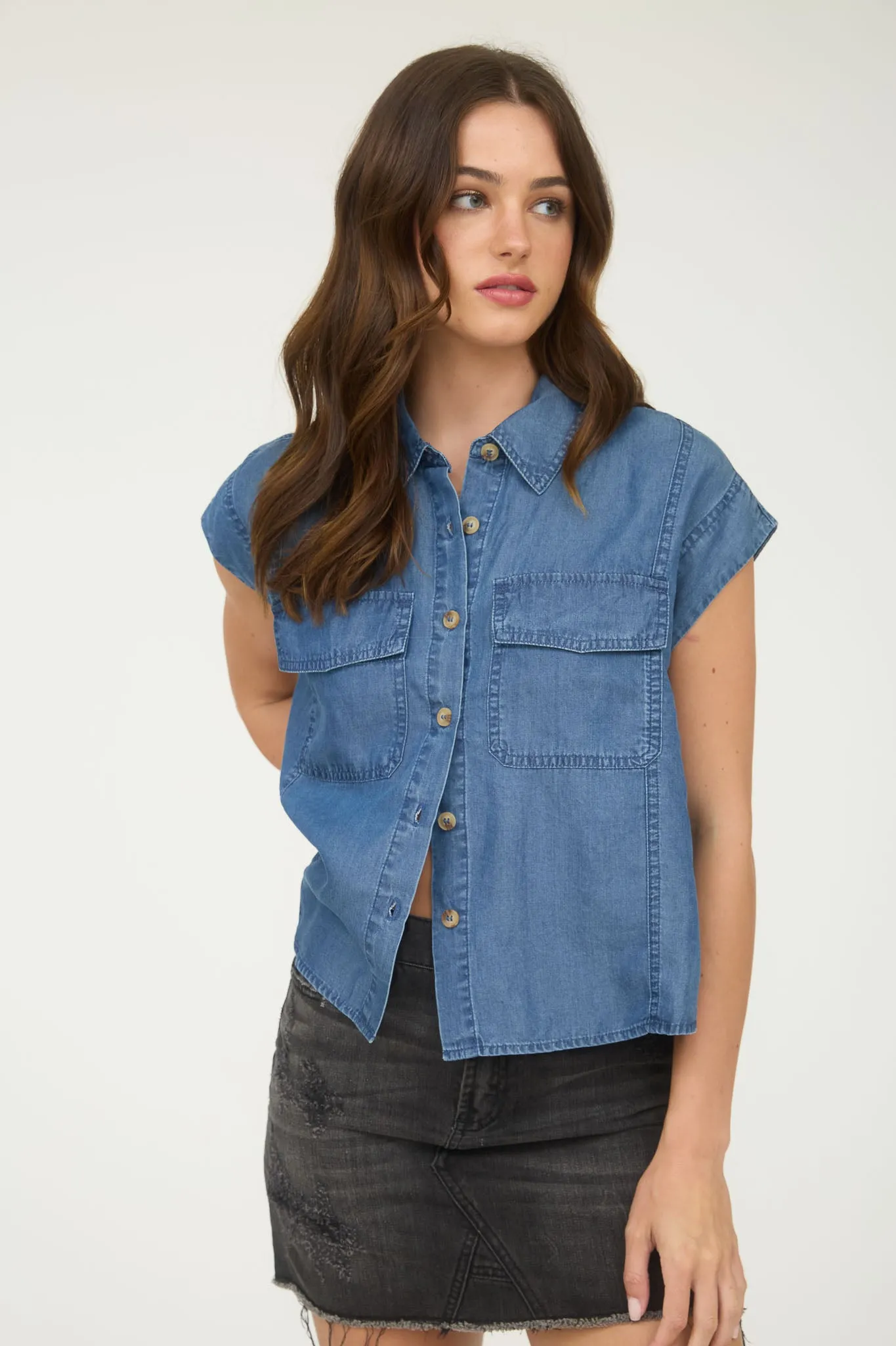 CHAMBRAY COLLARED POCKET FLAP BUTTON DOWN SHIRT sold by Blu Pepper
