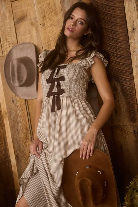 PLAID SMOCKED FRONT BOW DETAIL MIDI DRESS sold by Blu Pepper