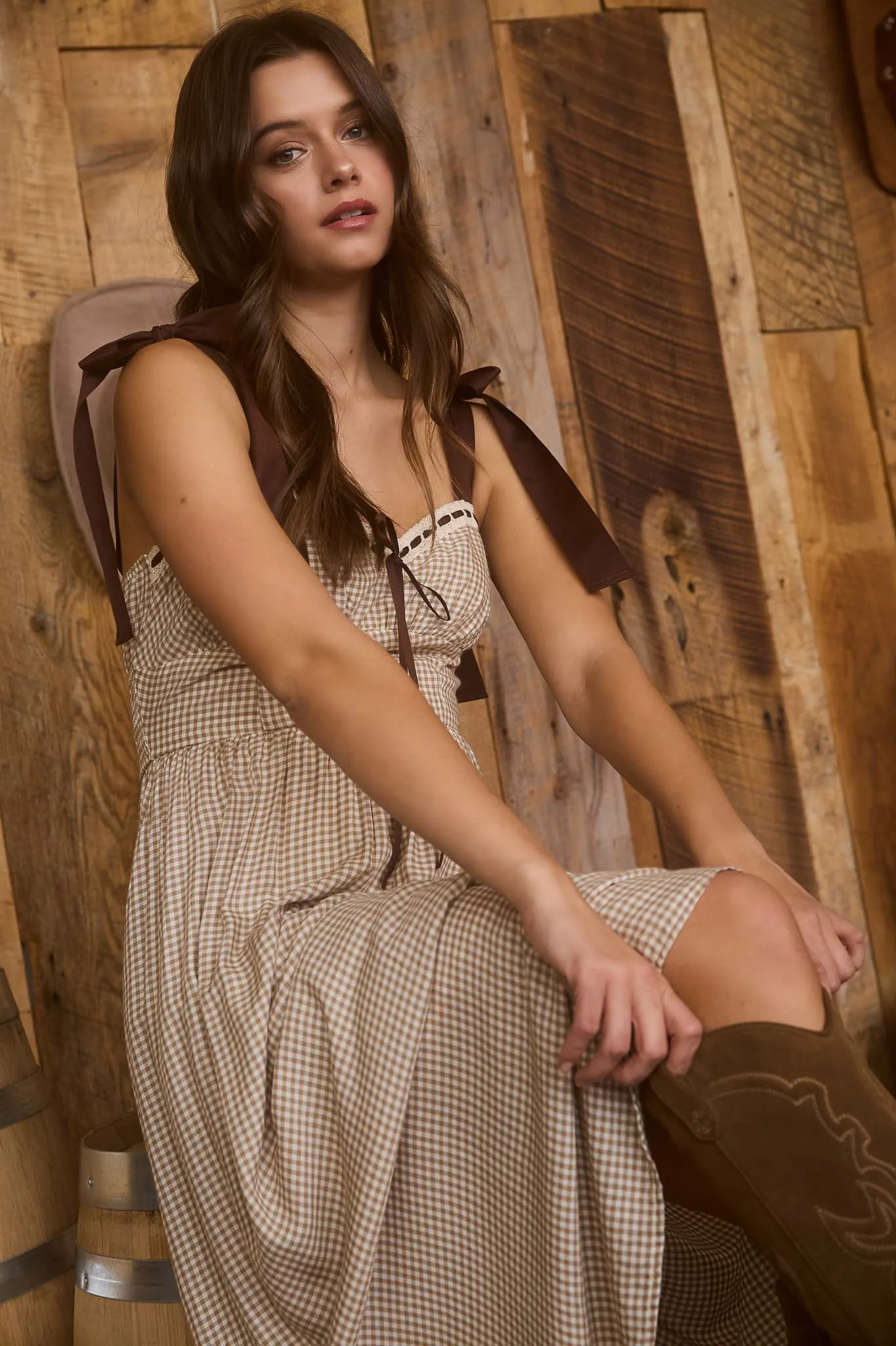 PLAID RIBBON TIE STRAP CORSET MIDI DRESS sold by Blu Pepper product image thumbnail 4