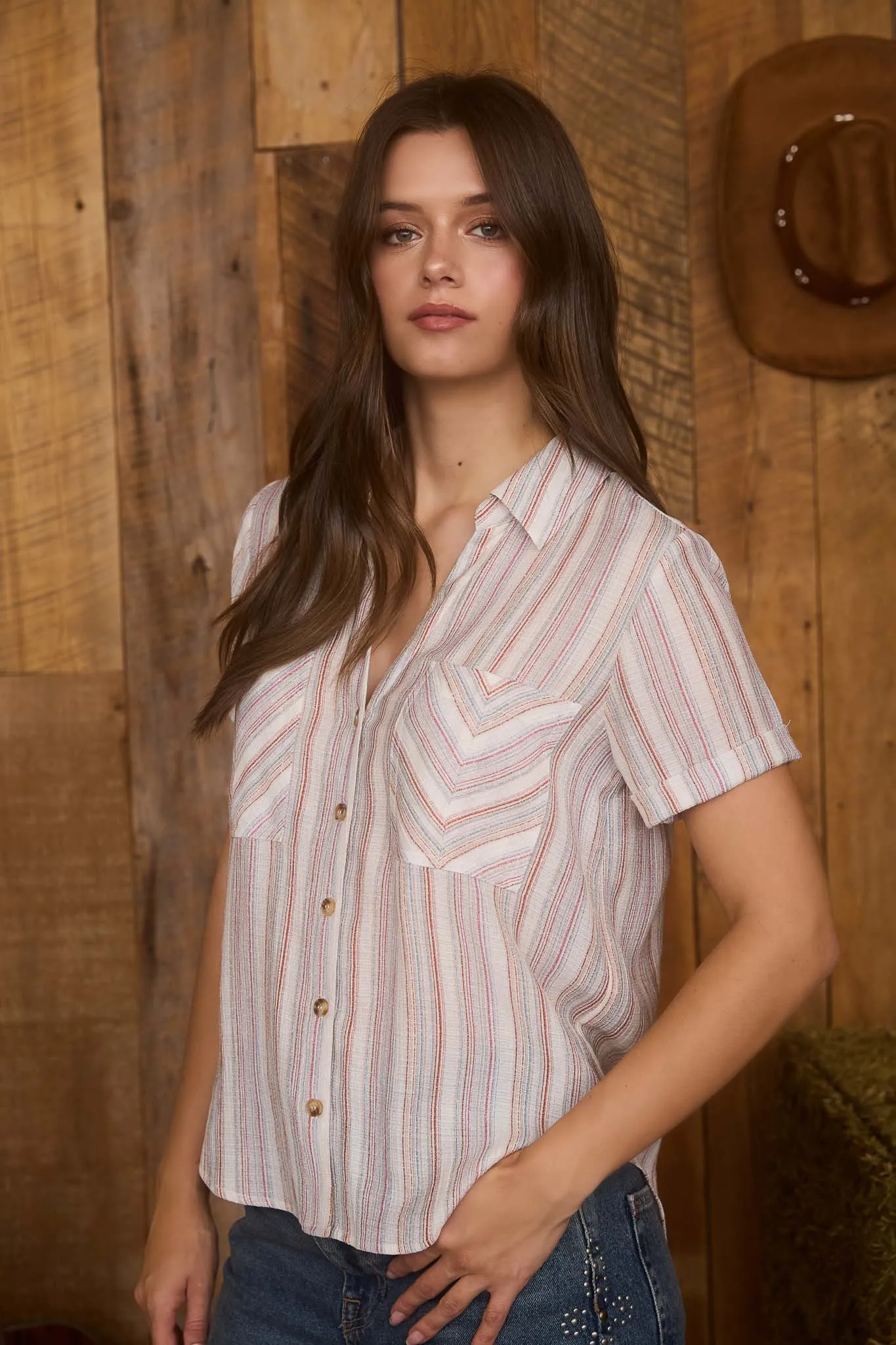 MULTICOLOR STRIPE SHORT SLEEVE BUTTON DOWN TOP sold by Blu Pepper product image thumbnail 3