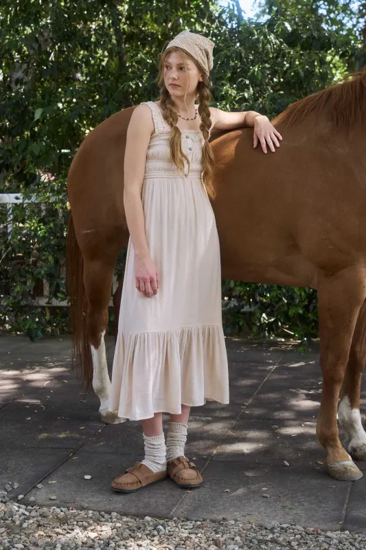SHIRRED BUTTON FRONT SLEEVELESS MIDI DRESS sold by Blu Pepper