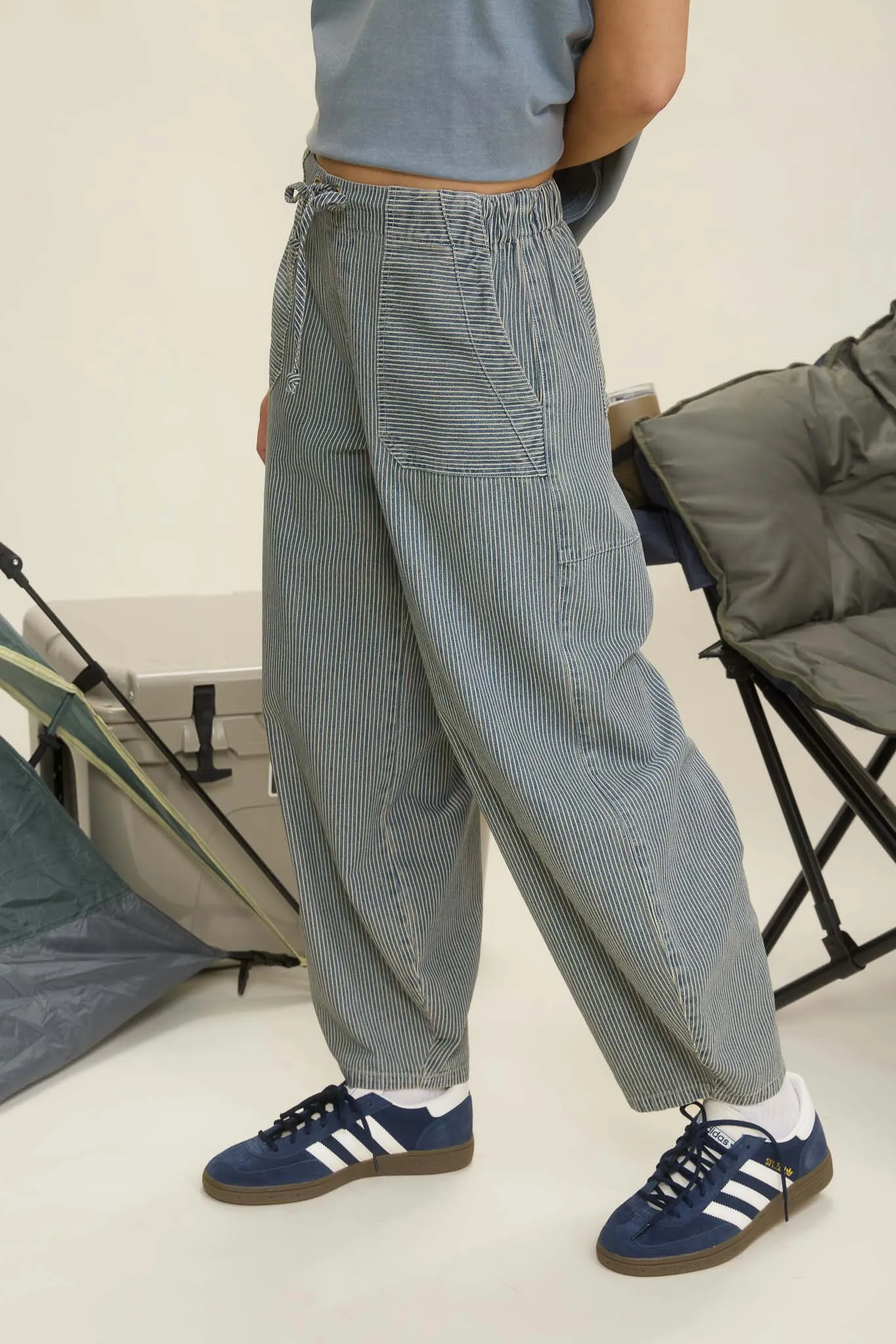 STRIPE DENIM WAIST TIE PARACHUTE PANTS sold by Blu Pepper product image thumbnail 3