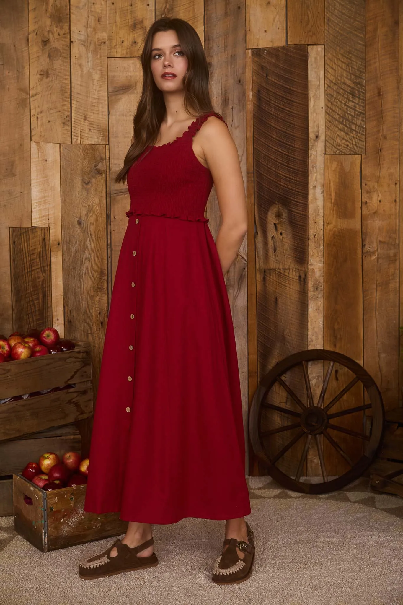 SMOCKED SLEEVELESS BUTTON DOWN MIDI DRESS sold by Blu Pepper product image thumbnail 3