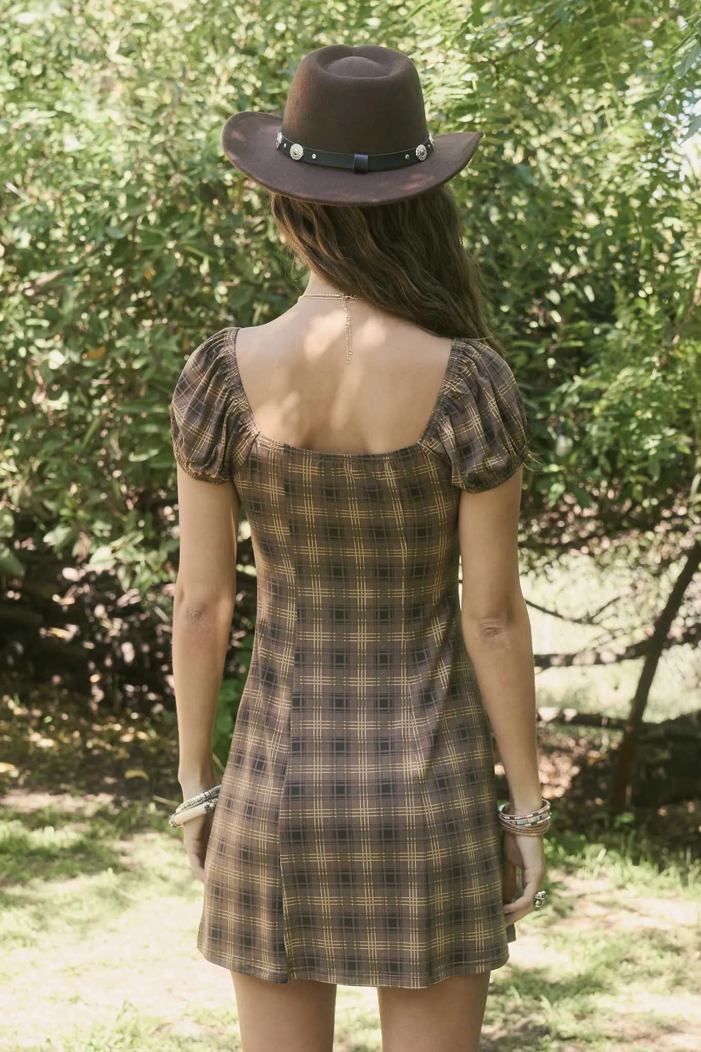 PLAID SHORT SLEEVE LACE TRIM FRONT TIE MINI DRESS sold by Blu Pepper product image thumbnail 2