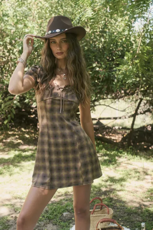 PLAID SHORT SLEEVE LACE TRIM FRONT TIE MINI DRESS sold by Blu Pepper