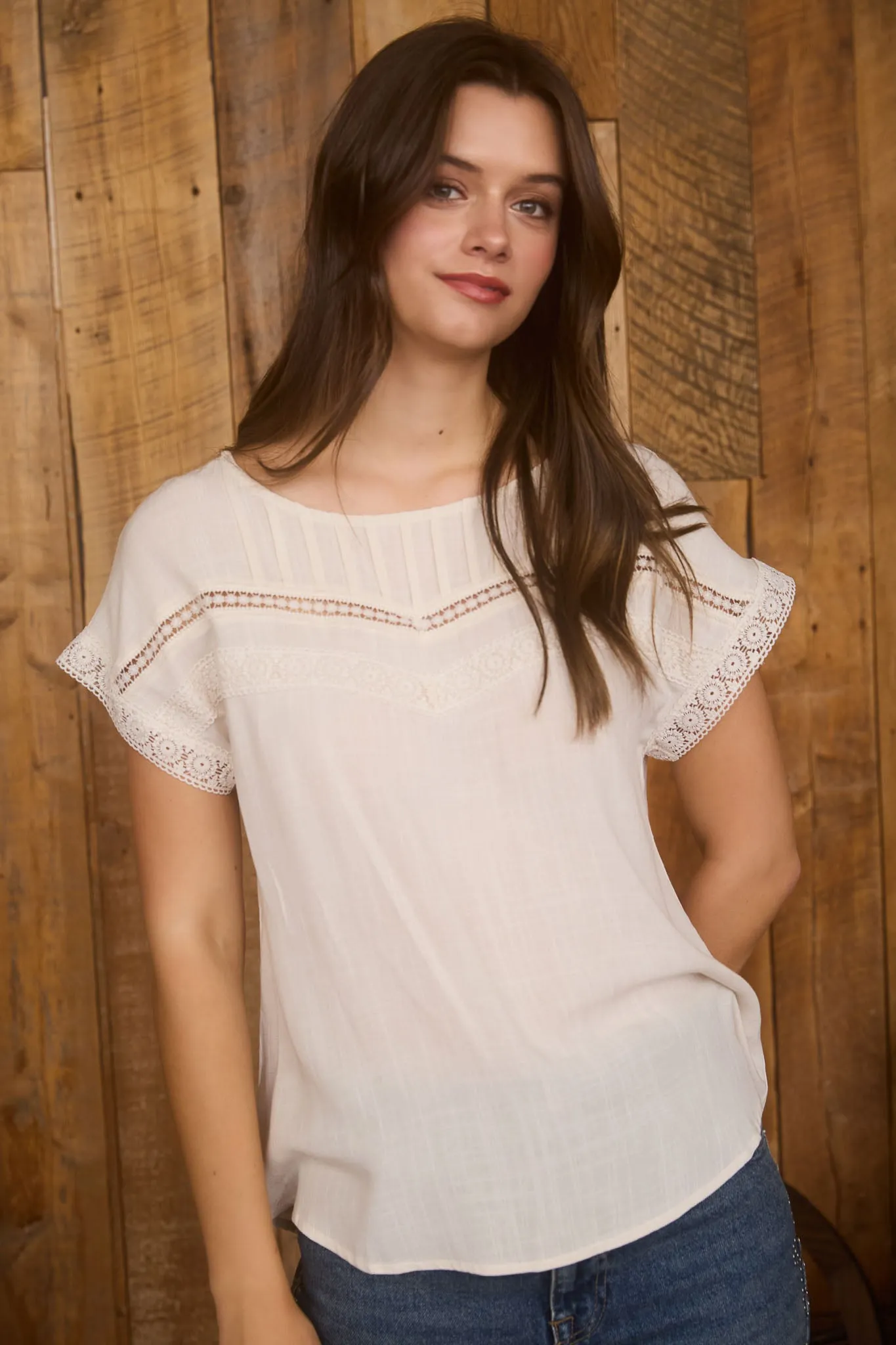 LACE TRIM PLEATED YOKE SHORT SLEEVE TOP sold by Blu Pepper product image thumbnail 4