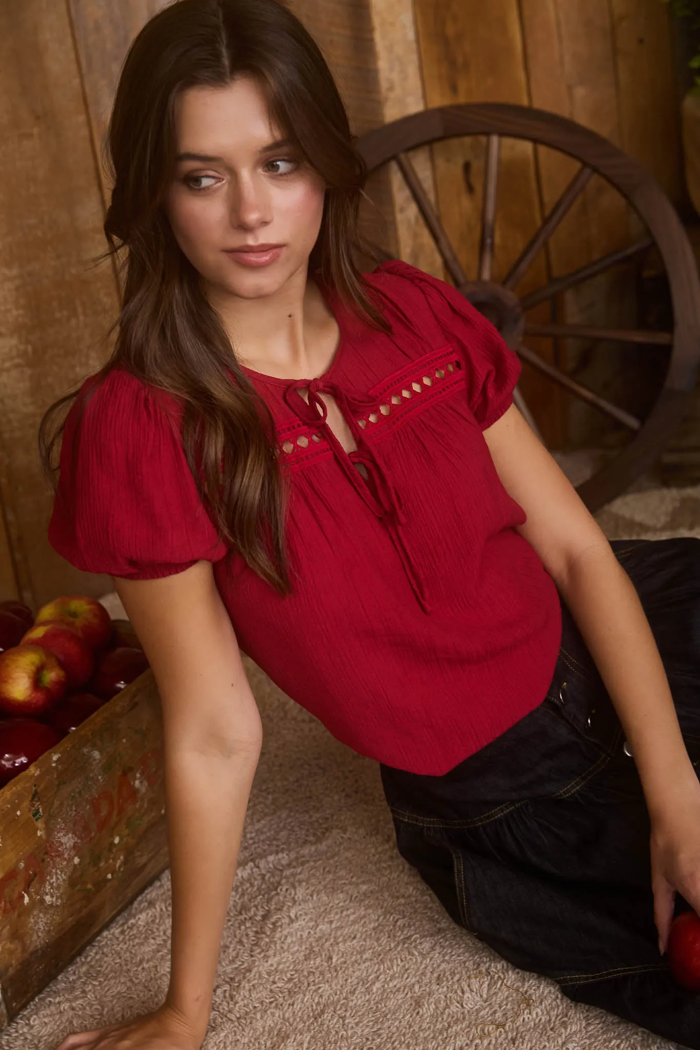 EYELET LACE TRIM DOUBLE FRONT TIE PUFF SLEEVE TOP sold by Blu Pepper product image thumbnail 5