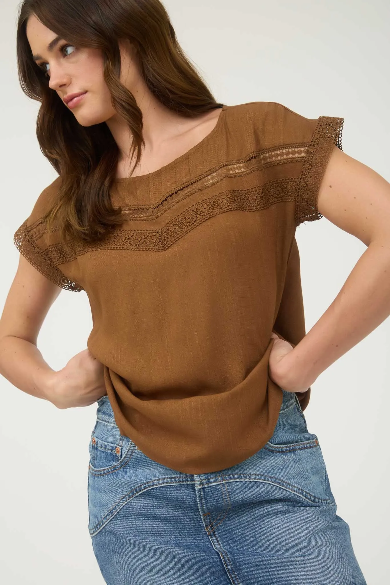 PLUS LACE TRIM PLEATED YOKE SHORT SLEEVE TOP sold by Blu Pepper