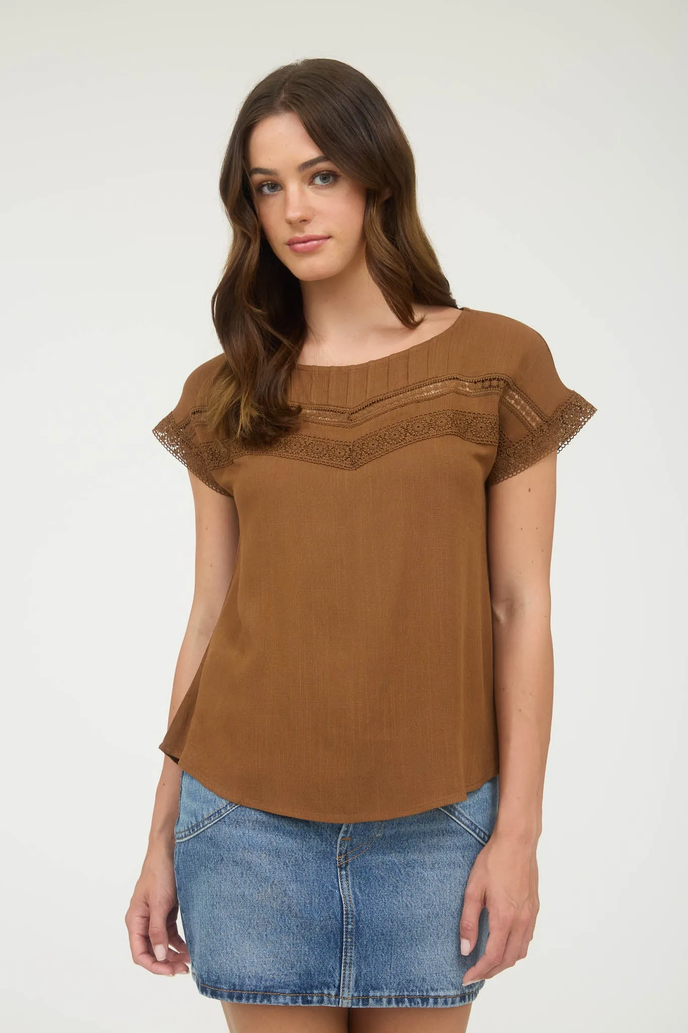 PLUS LACE TRIM PLEATED YOKE SHORT SLEEVE TOP sold by Blu Pepper product image thumbnail 3