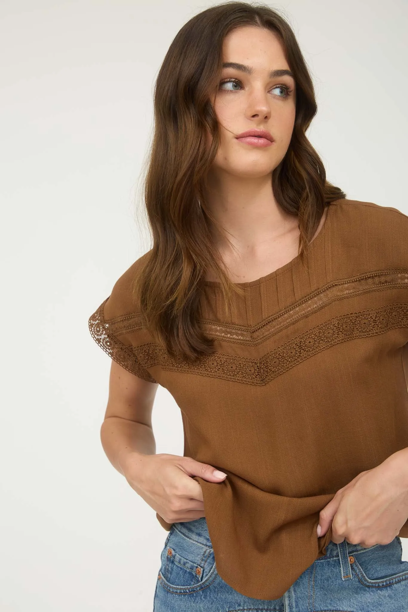 PLUS LACE TRIM PLEATED YOKE SHORT SLEEVE TOP sold by Blu Pepper product image thumbnail 5