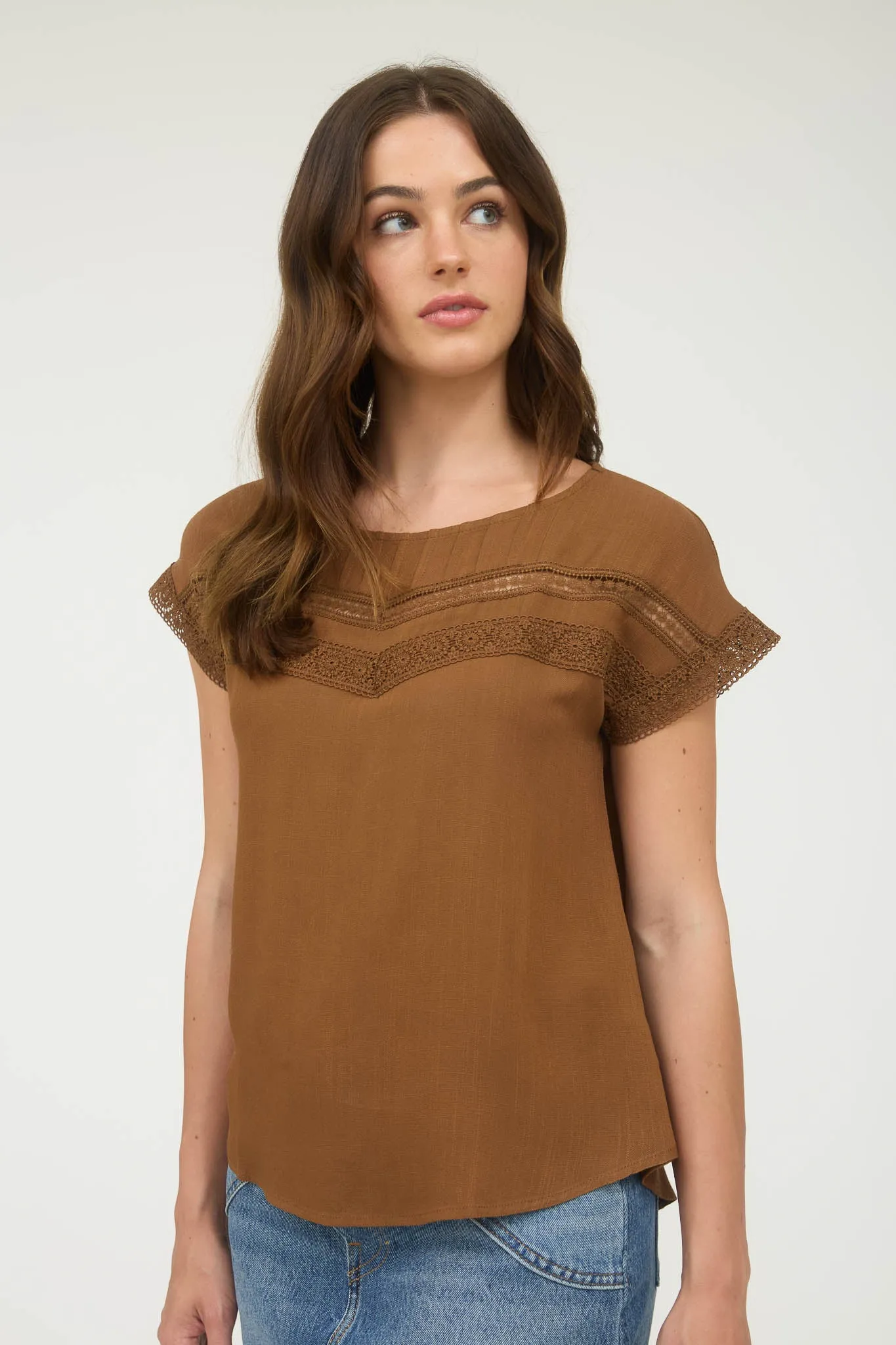 PLUS LACE TRIM PLEATED YOKE SHORT SLEEVE TOP sold by Blu Pepper product image thumbnail 4