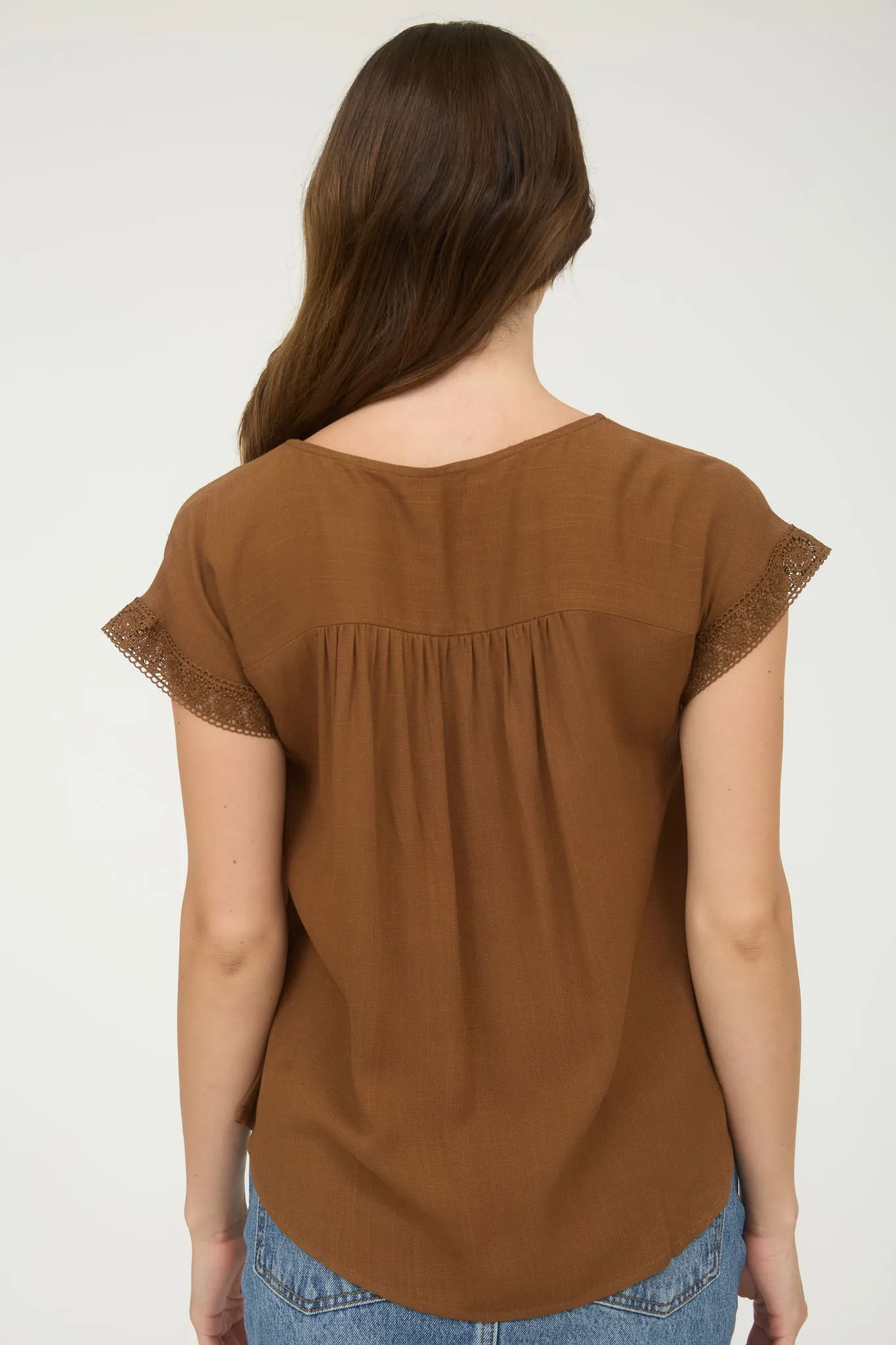 PLUS LACE TRIM PLEATED YOKE SHORT SLEEVE TOP sold by Blu Pepper product image thumbnail 2