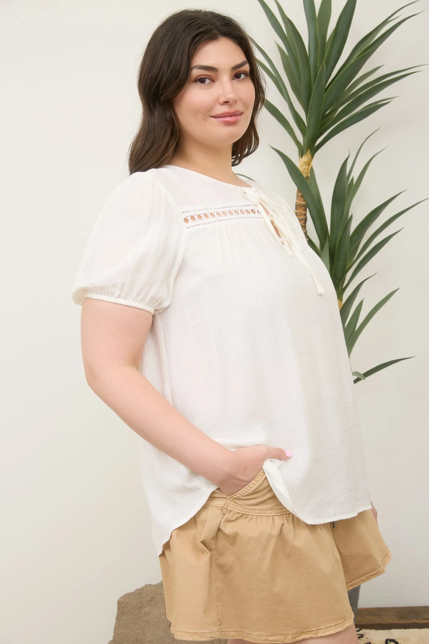 PLUS EYELET LACE TRIM DOUBLE FRONT TIE TOP sold by Blu Pepper product image thumbnail 3