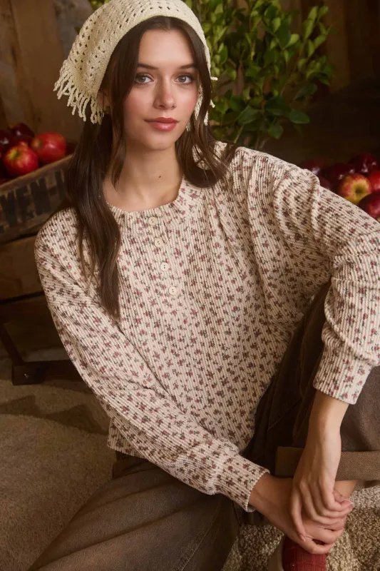 FLORAL LONG SLEEVE HENLEY RIB KNIT TOP sold by Blu Pepper