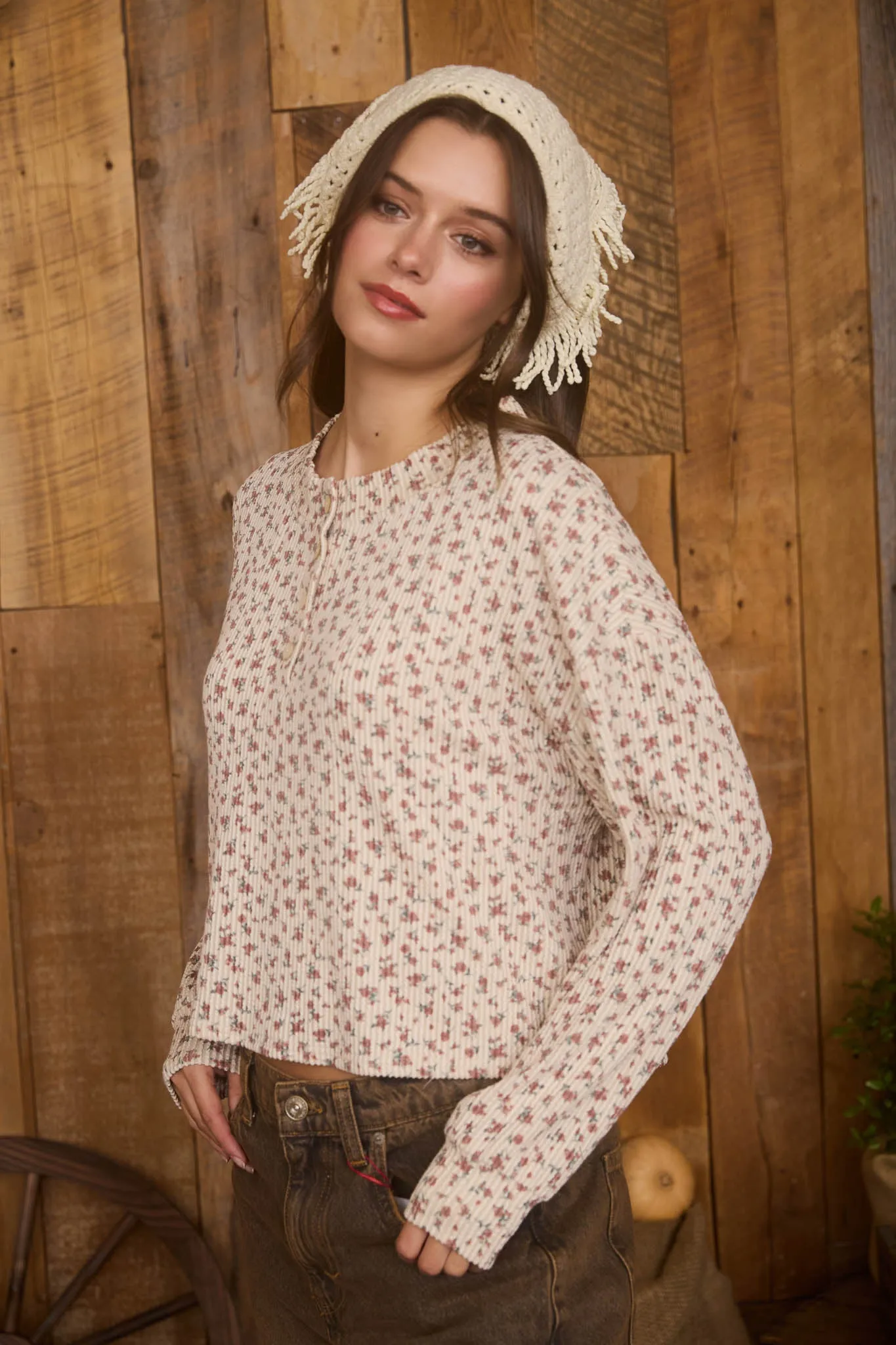 FLORAL LONG SLEEVE HENLEY RIB KNIT TOP sold by Blu Pepper product image thumbnail 3