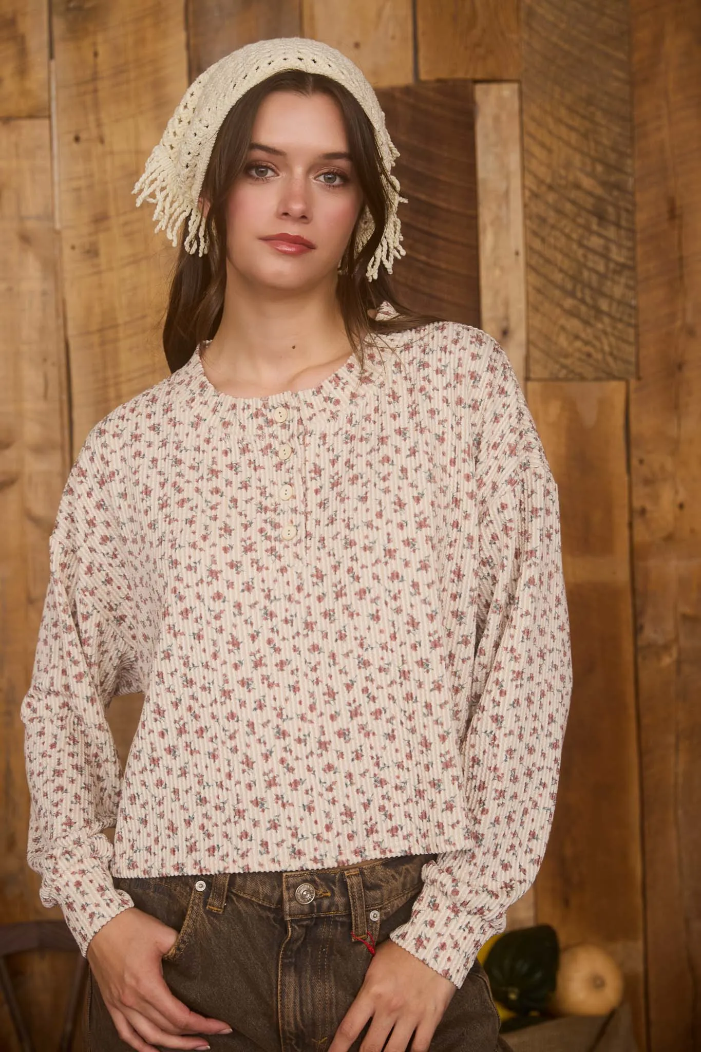 FLORAL LONG SLEEVE HENLEY RIB KNIT TOP sold by Blu Pepper product image thumbnail 4