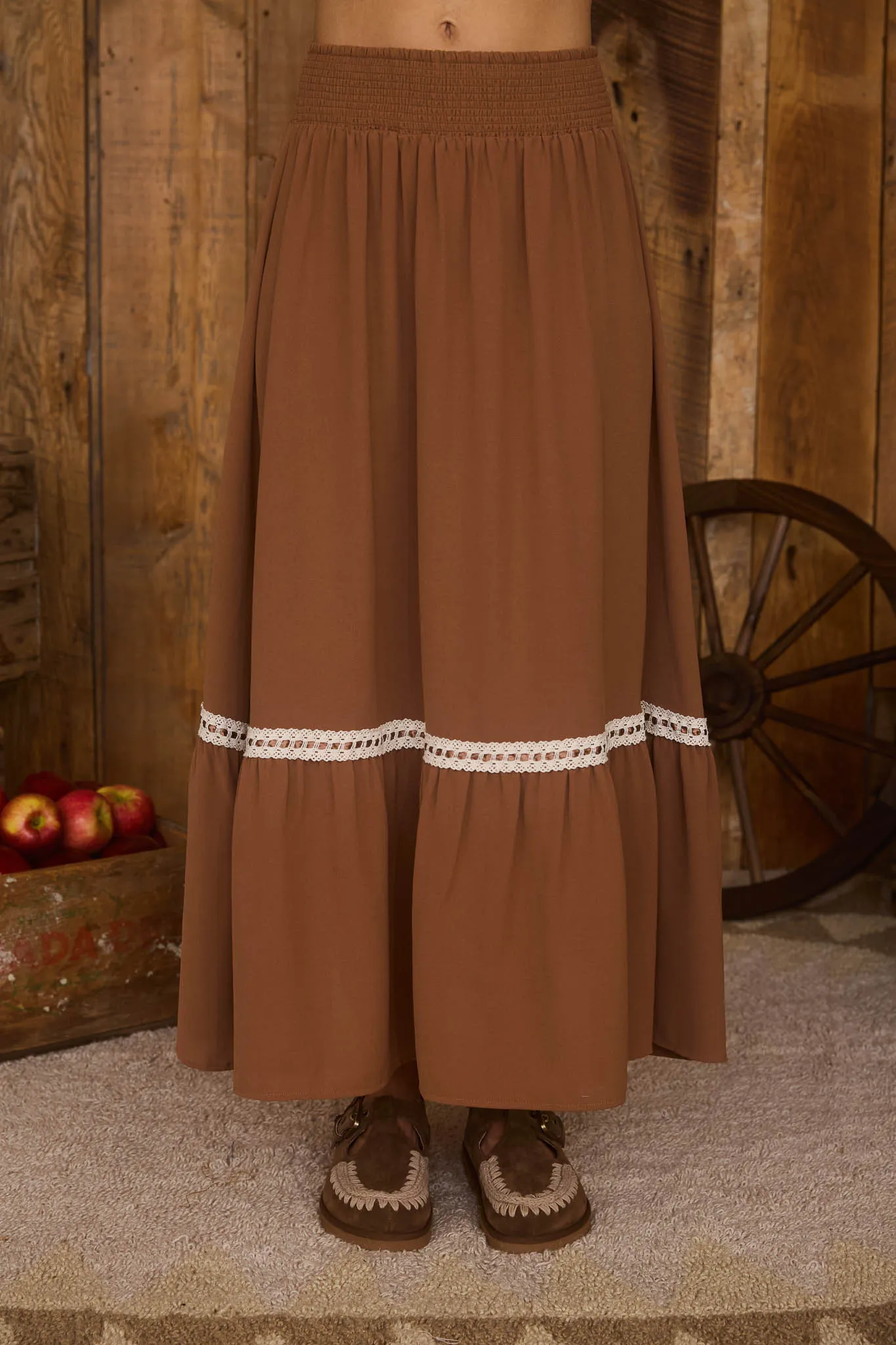 CONTRAST LACE TRIM SMOCKED WAIST MIDI SKIRT sold by Blu Pepper product image thumbnail 4