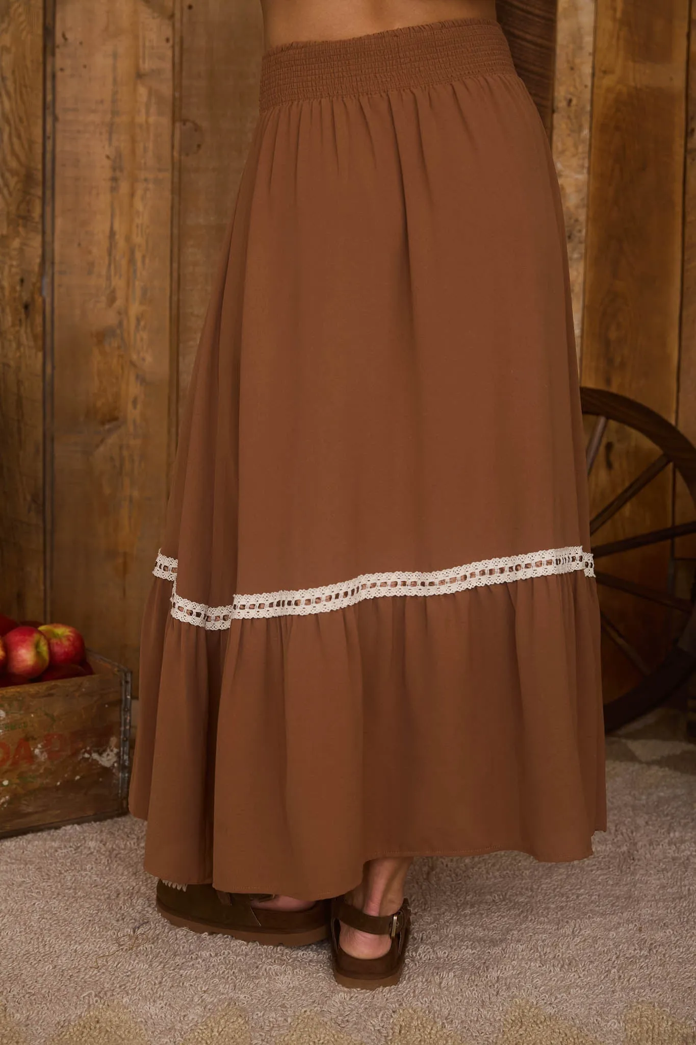 CONTRAST LACE TRIM SMOCKED WAIST MIDI SKIRT sold by Blu Pepper product image thumbnail 2
