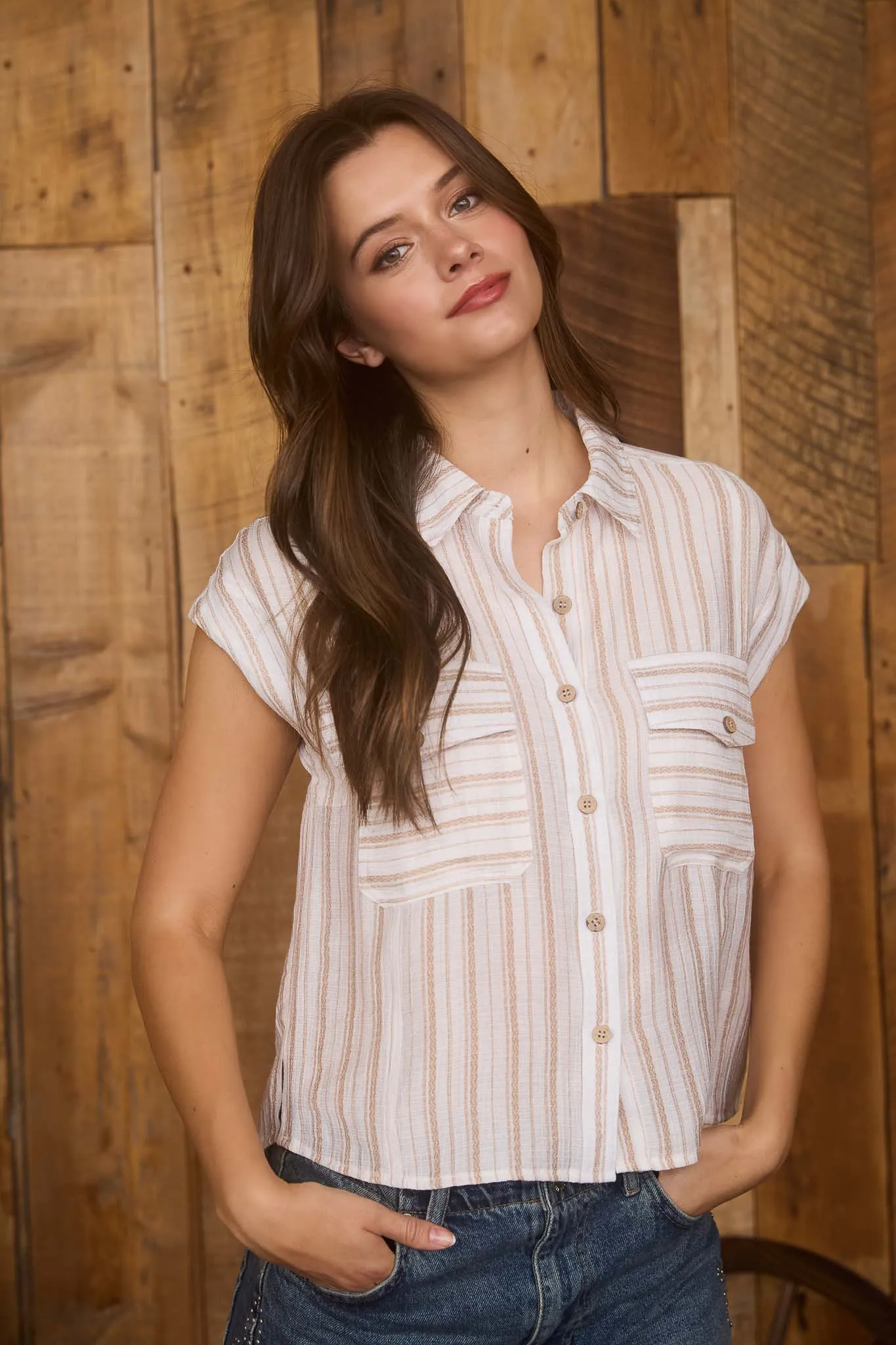 STRIPE COLLARED SLEEVELESS BUTTON DOWN SHIRT sold by Blu Pepper product image thumbnail 4