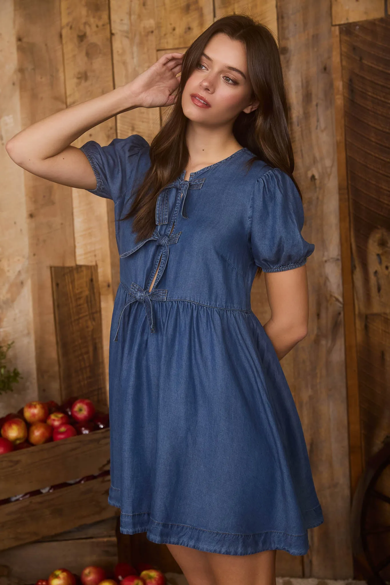 DARK CHAMBRAY FRONT TIE PUFF SLEEVE MINI DRESS sold by Blu Pepper product image thumbnail 3