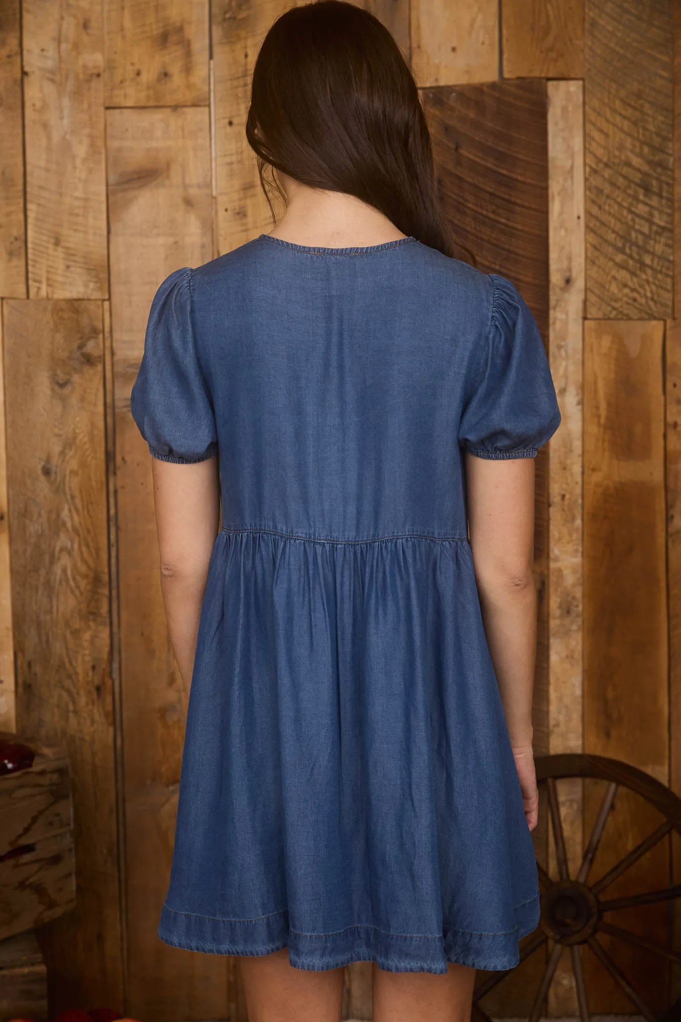 DARK CHAMBRAY FRONT TIE PUFF SLEEVE MINI DRESS sold by Blu Pepper product image thumbnail 2