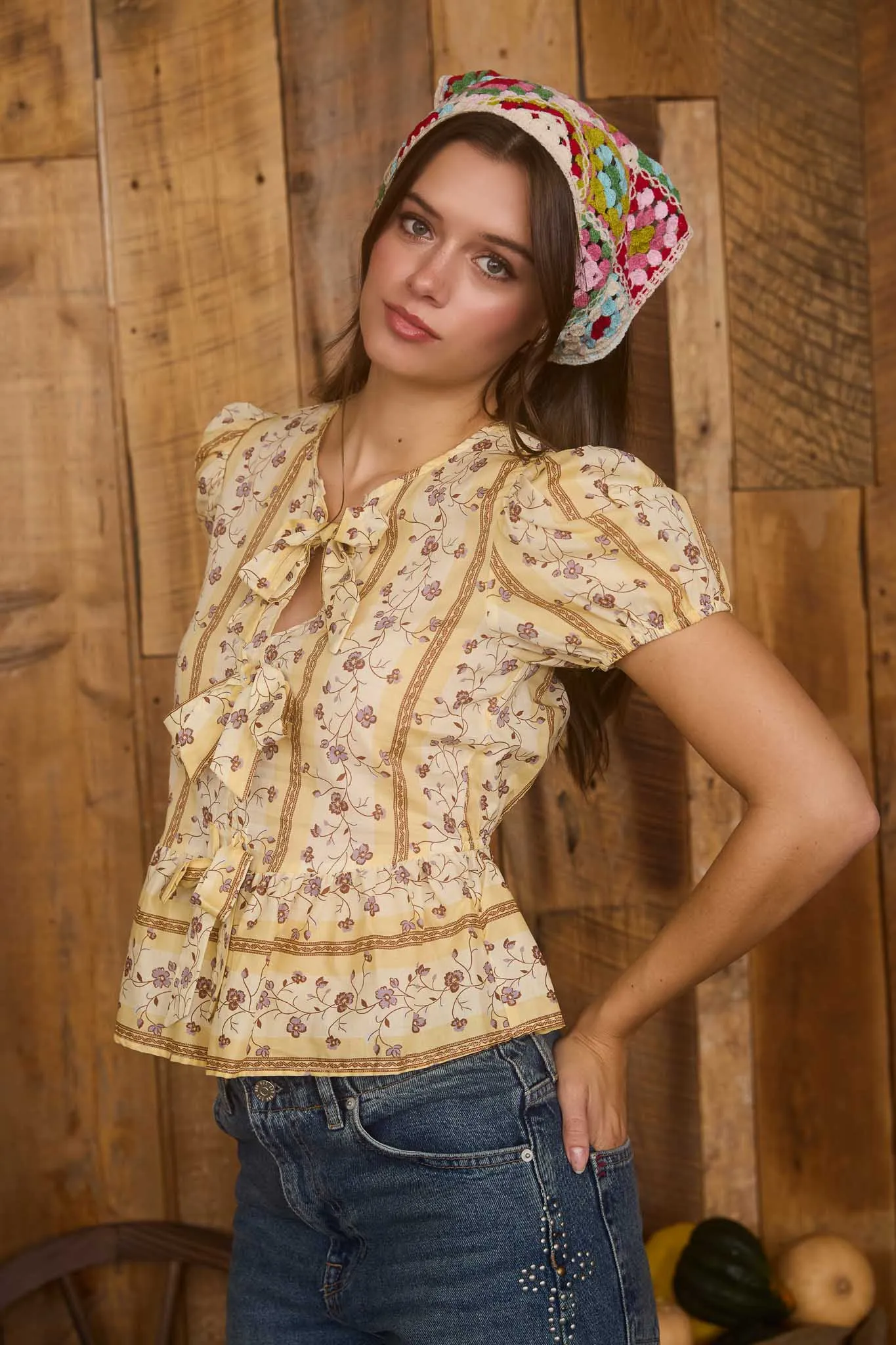 FLORAL STRIPE PATTERN FRONT TIE PUFF SLEEVE BLOUSE sold by Blu Pepper product image thumbnail 3