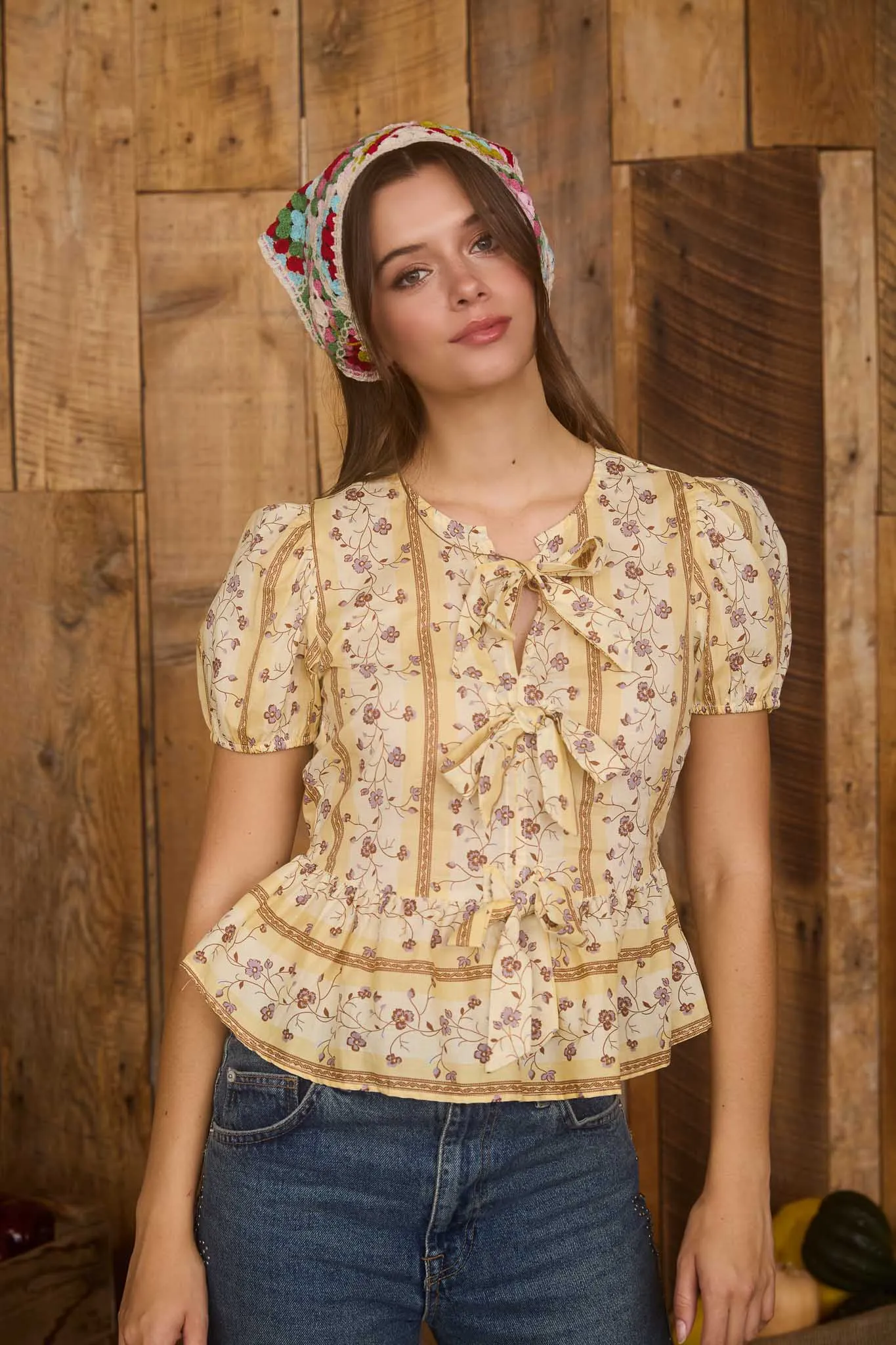 FLORAL STRIPE PATTERN FRONT TIE PUFF SLEEVE BLOUSE sold by Blu Pepper