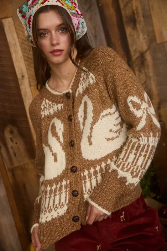 SWAN JACQUARD BUTTON DOWN LONG SLEEVE CARDIGAN sold by Blu Pepper