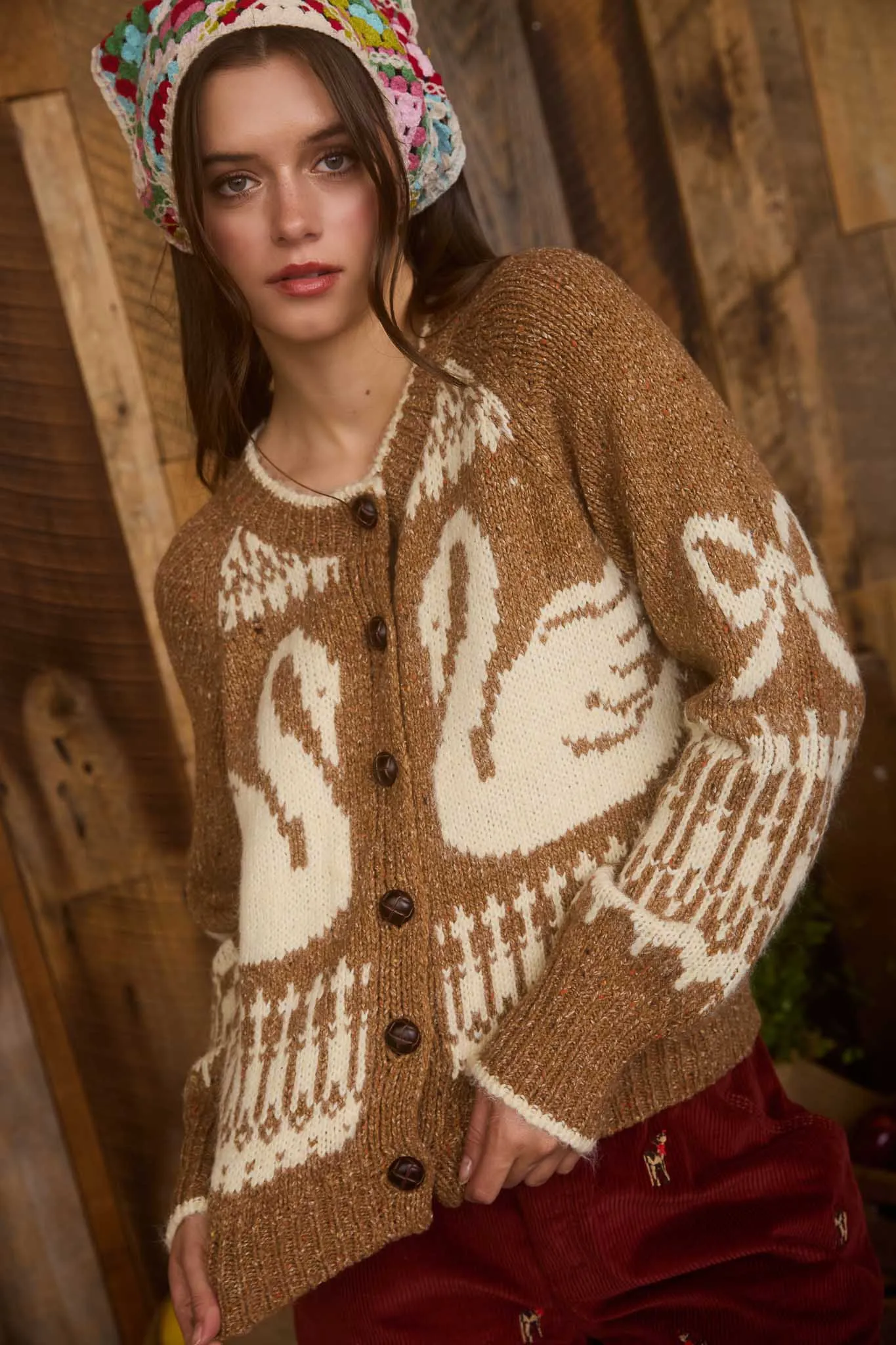 SWAN JACQUARD BUTTON DOWN LONG SLEEVE CARDIGAN sold by Blu Pepper