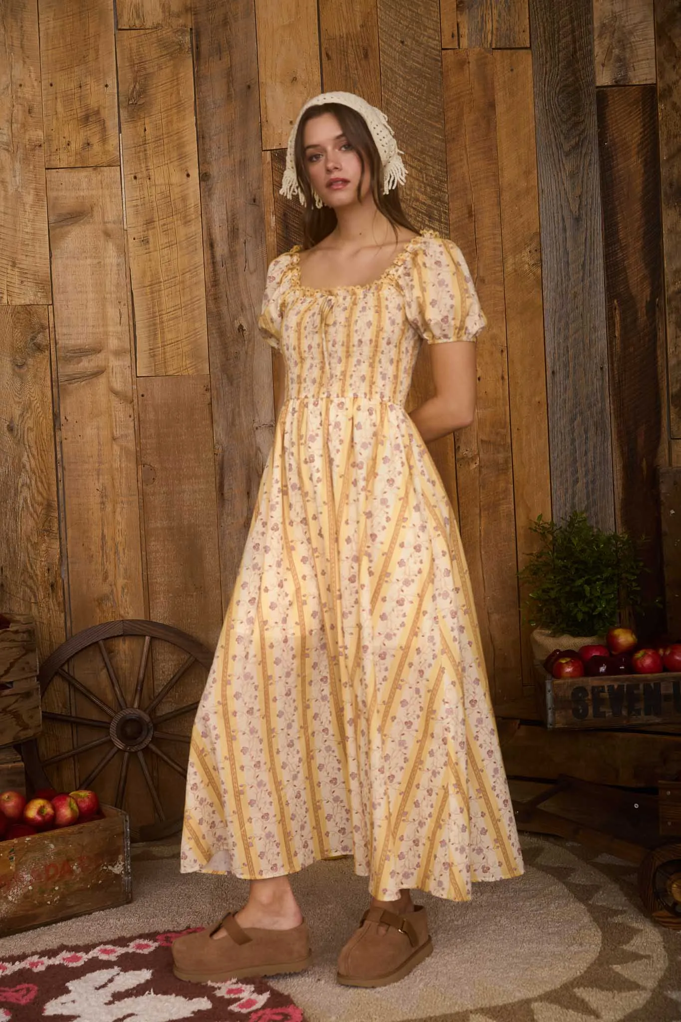 FLORAL STRIPE PATTERN SMOCKED MIDI DRESS sold by Blu Pepper product image thumbnail 3