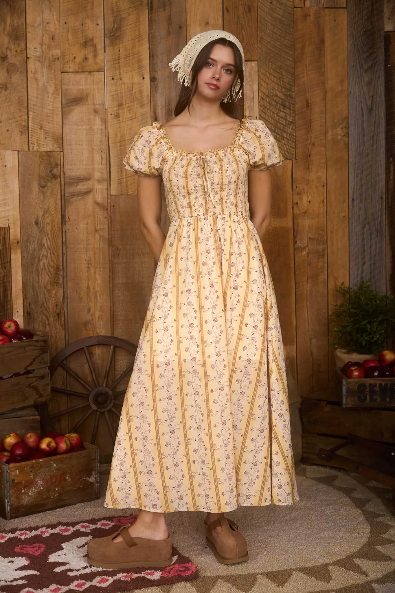 FLORAL STRIPE PATTERN SMOCKED MIDI DRESS sold by Blu Pepper product image thumbnail 5