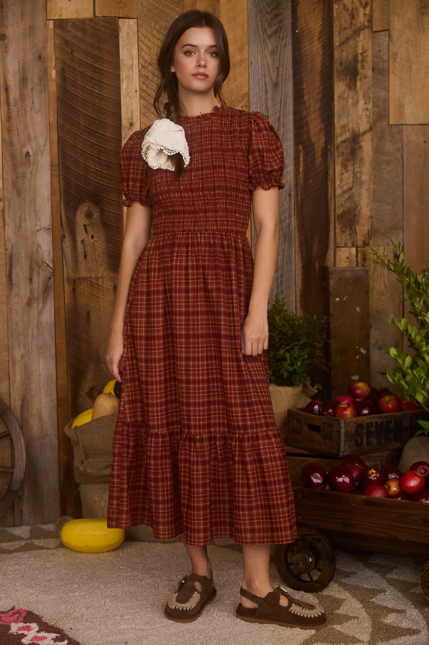 PLAID SHORT PUFF SLEEVE SMOCKED MIDI DRESS sold by Blu Pepper product image thumbnail 4