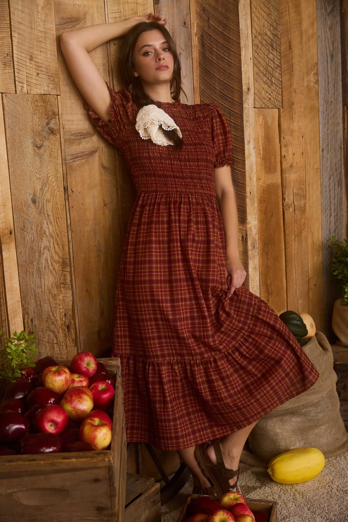 PLAID SHORT PUFF SLEEVE SMOCKED MIDI DRESS sold by Blu Pepper