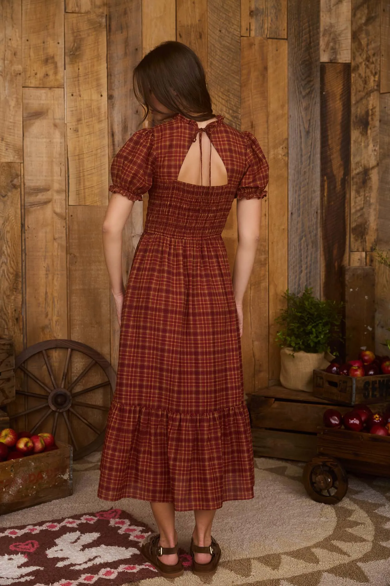 PLAID SHORT PUFF SLEEVE SMOCKED MIDI DRESS sold by Blu Pepper product image thumbnail 2