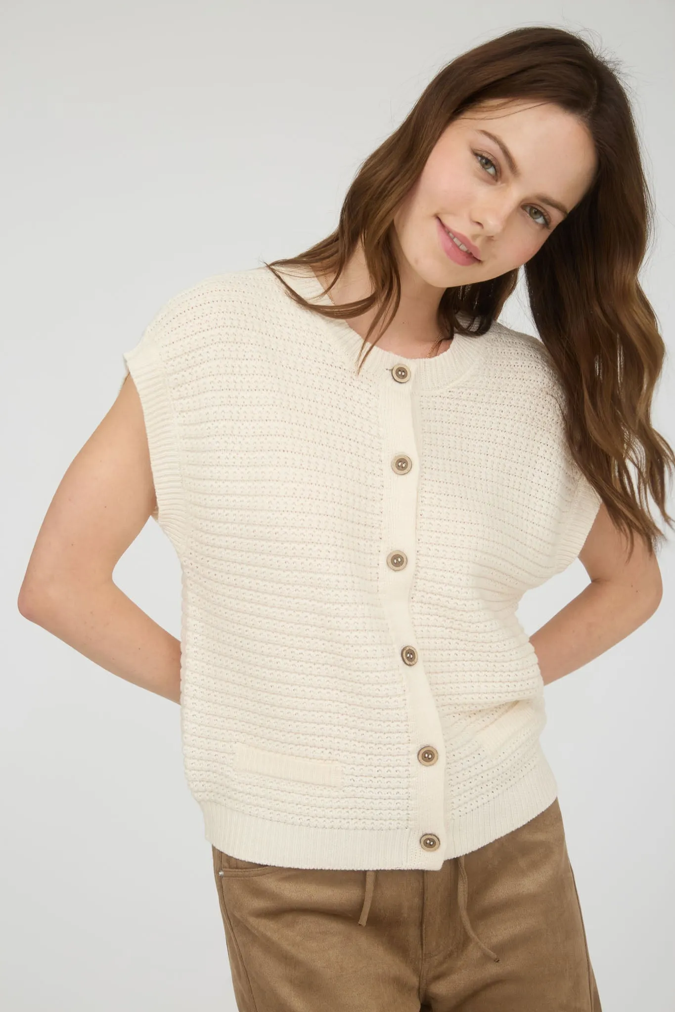 BUTTON DOWN SHORT SLEEVE KNIT CARDIGAN VEST sold by Blu Pepper