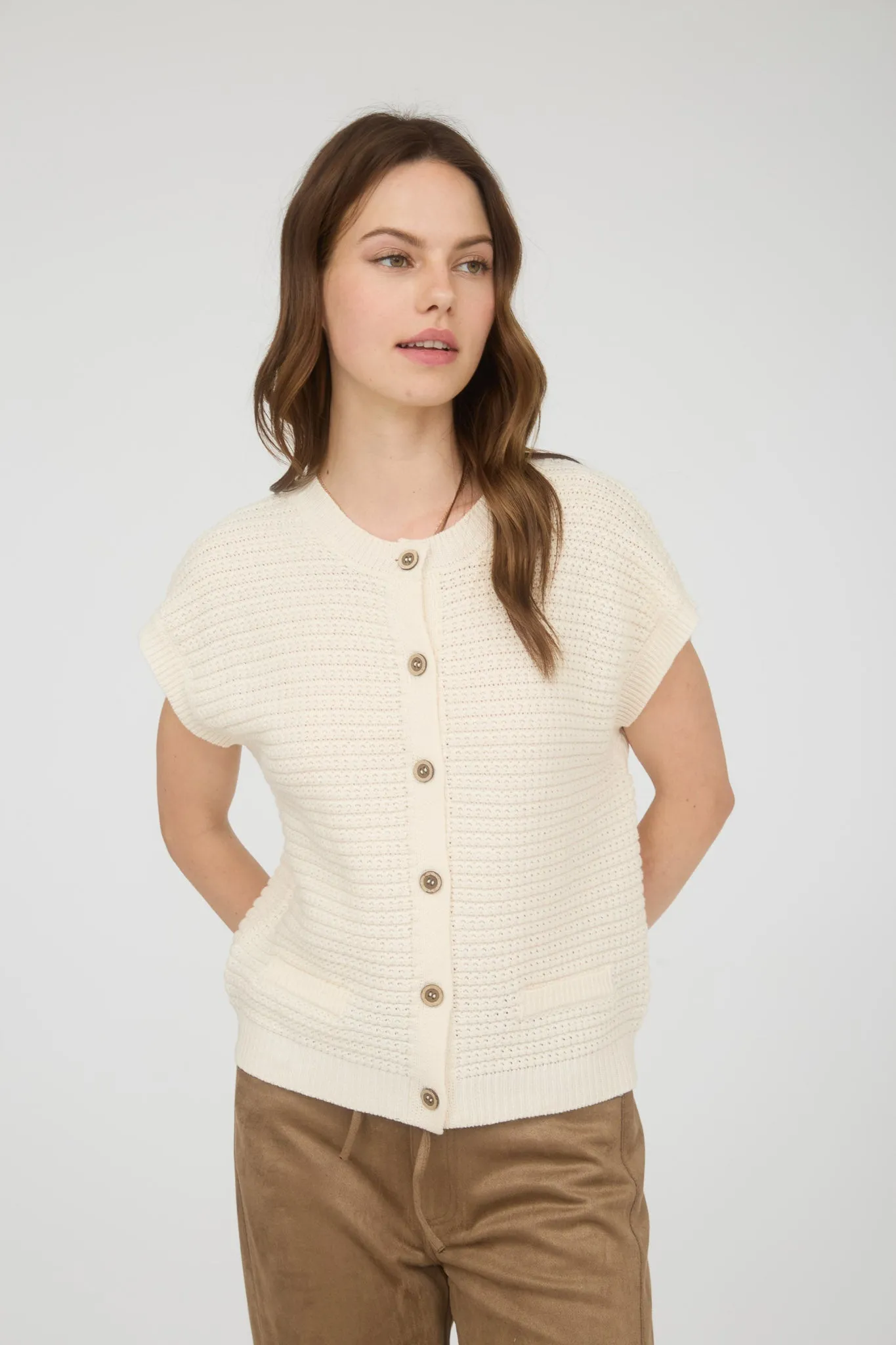 BUTTON DOWN SHORT SLEEVE KNIT CARDIGAN VEST sold by Blu Pepper product image thumbnail 5